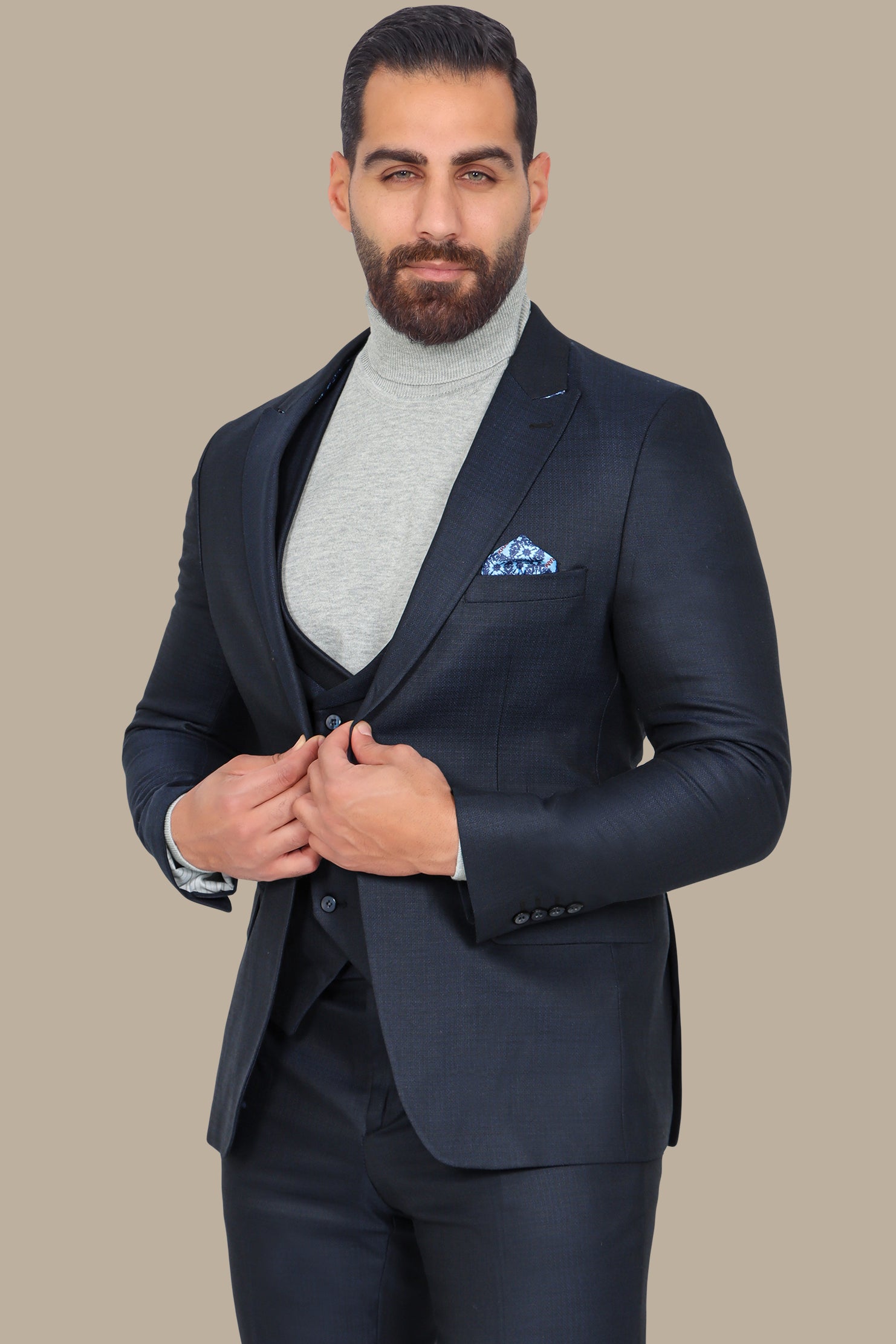 Timeless Structure: 3-Piece Navy Suit with Peak Lapel