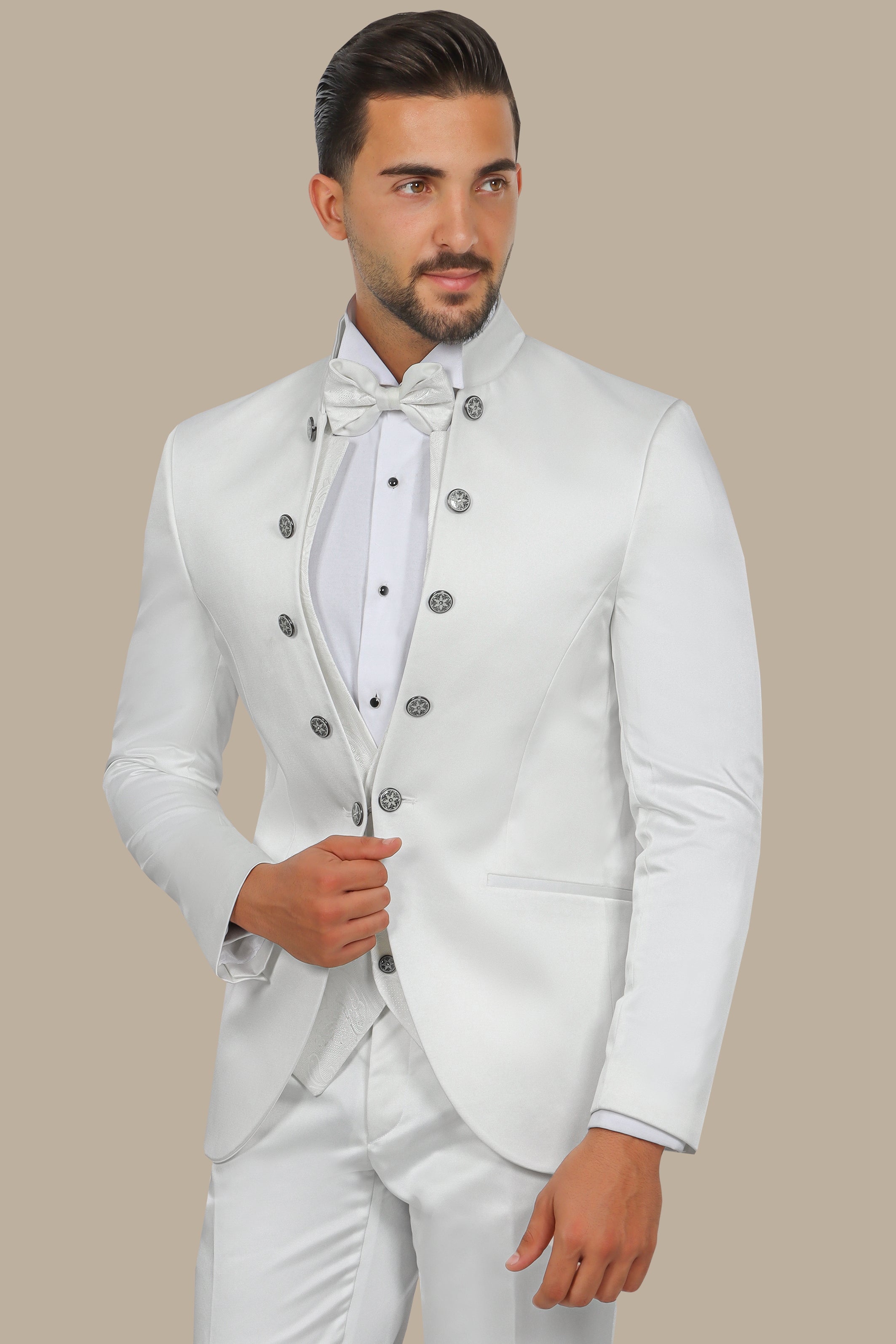 White Mao Collar Tuxedo with Patterned Vest – 4-Piece Set