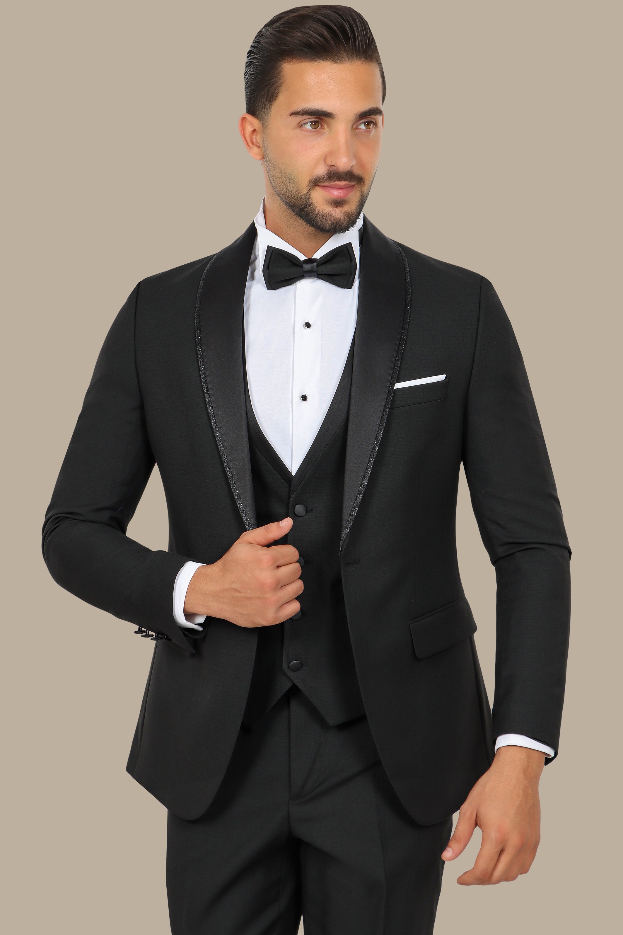 Black Tuxedo with Structured Double-Layer Shawl Collar – 4-Piece Set