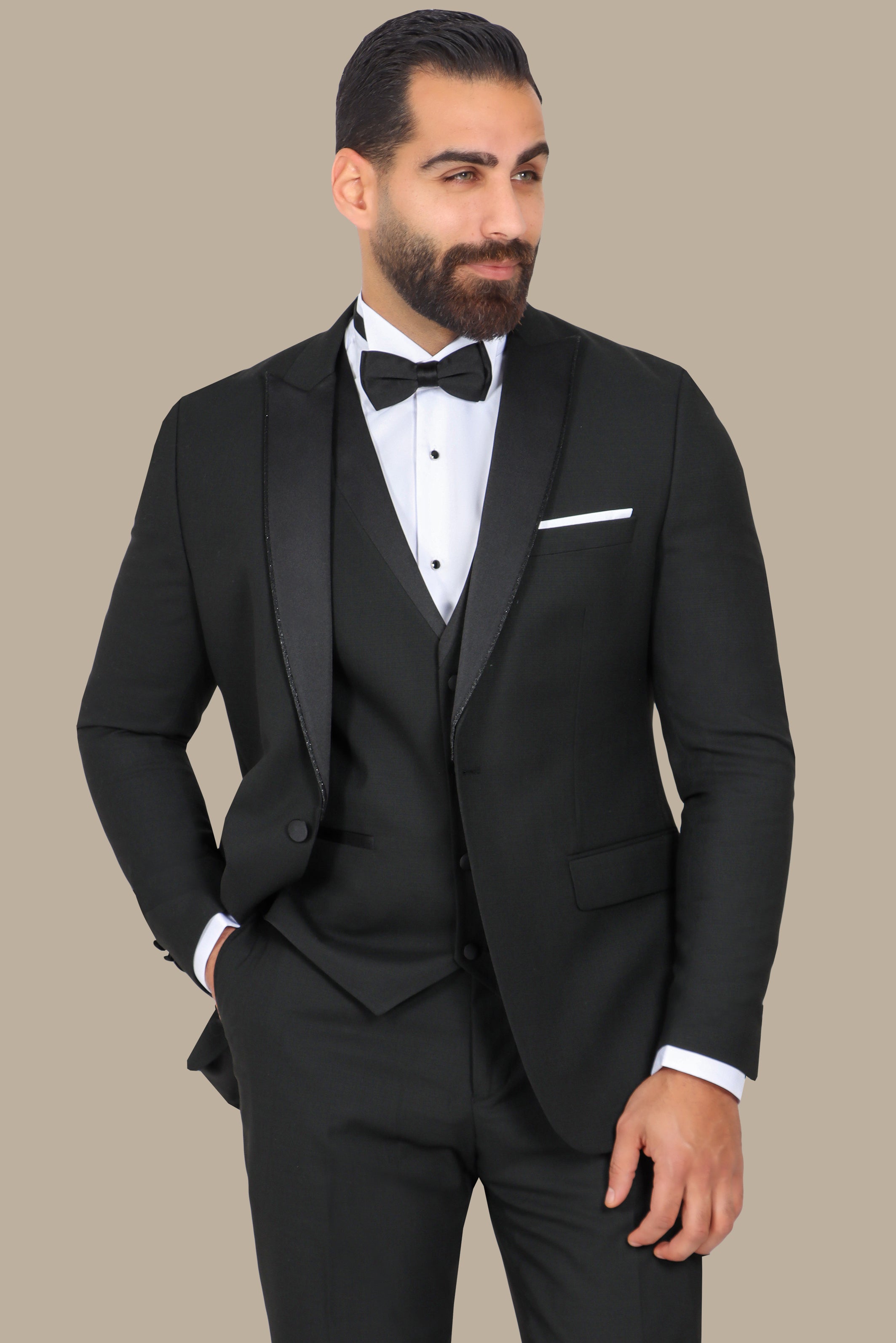 Black Double-Layer Structured Tuxedo with Peak Lapel – 3-Piece Set