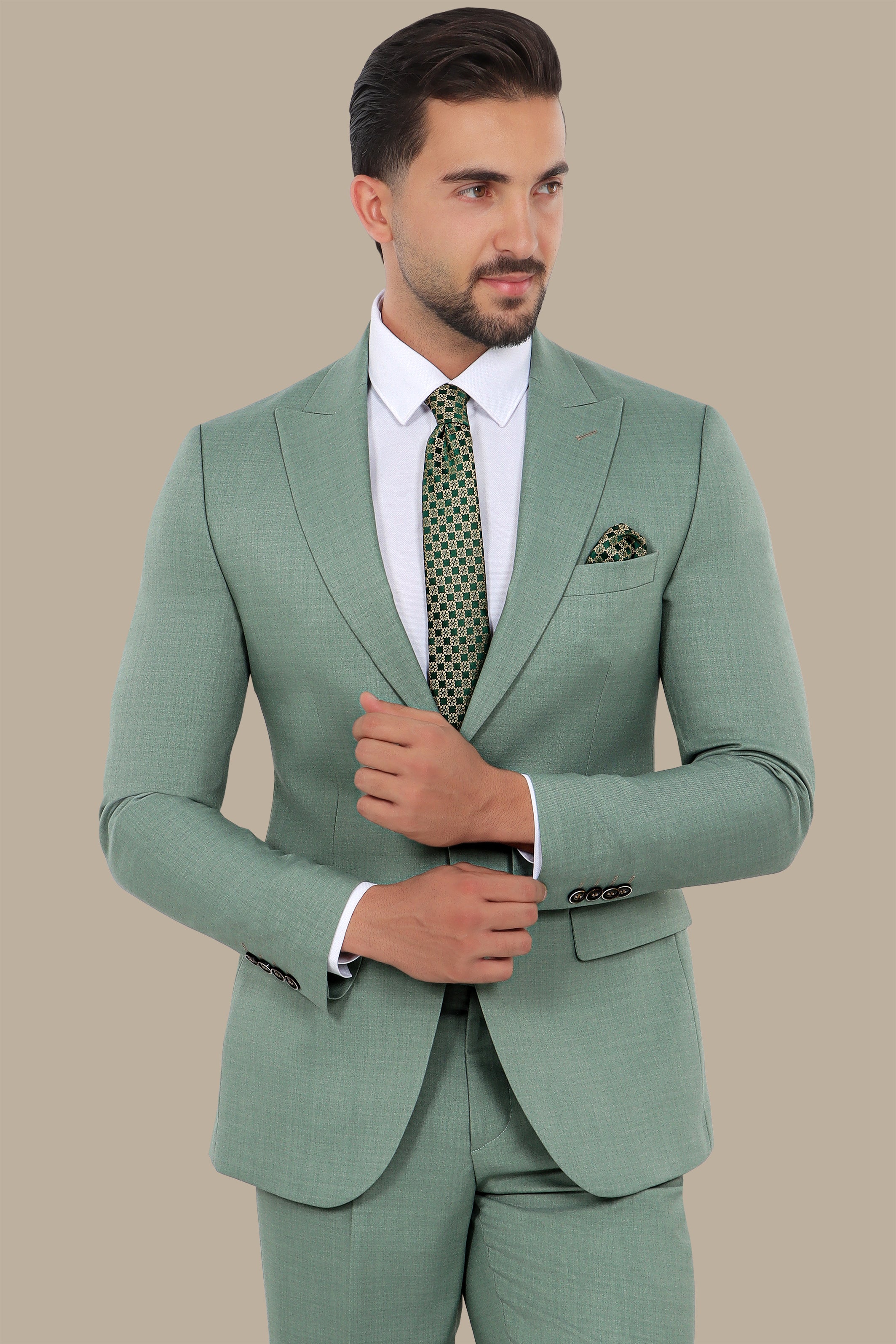 Light Green Lycra Suit: 2-Piece with Peak Lapel