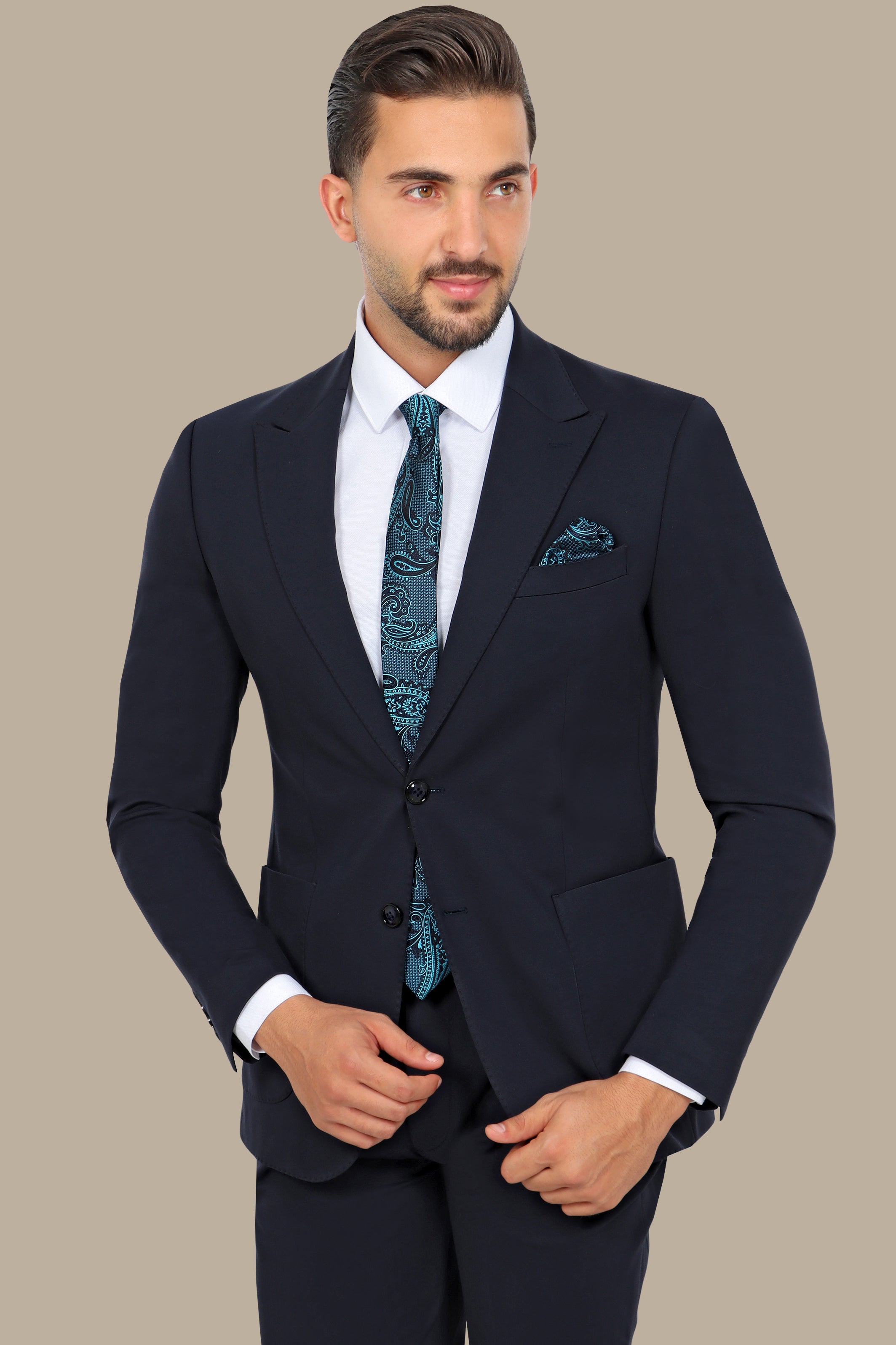 Modern Flex: 2-Piece Navy Lycra Suit with Peak Lapel