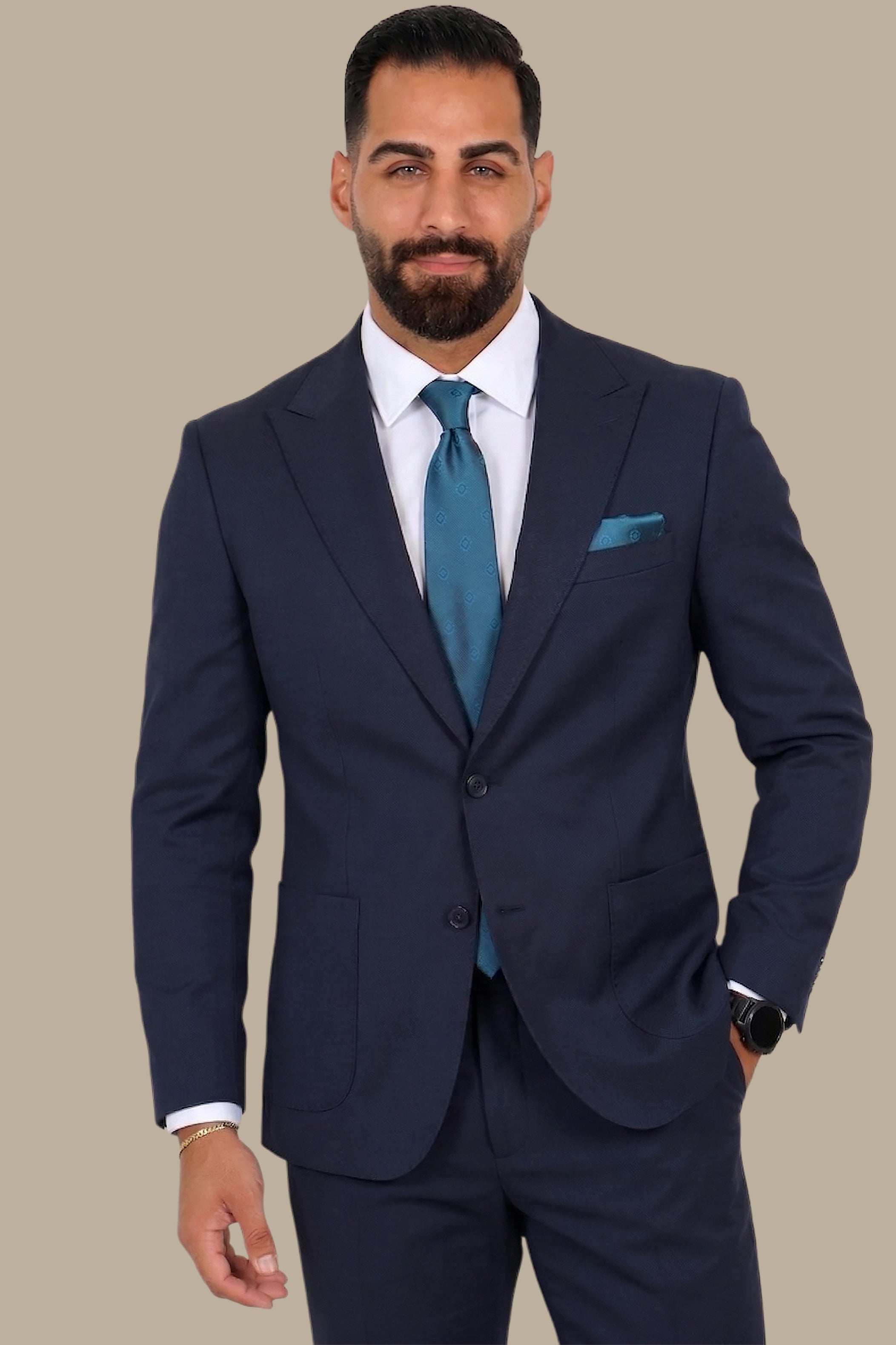 Modern Flex: 2-Piece Navy Lycra Suit with Peak Lapel