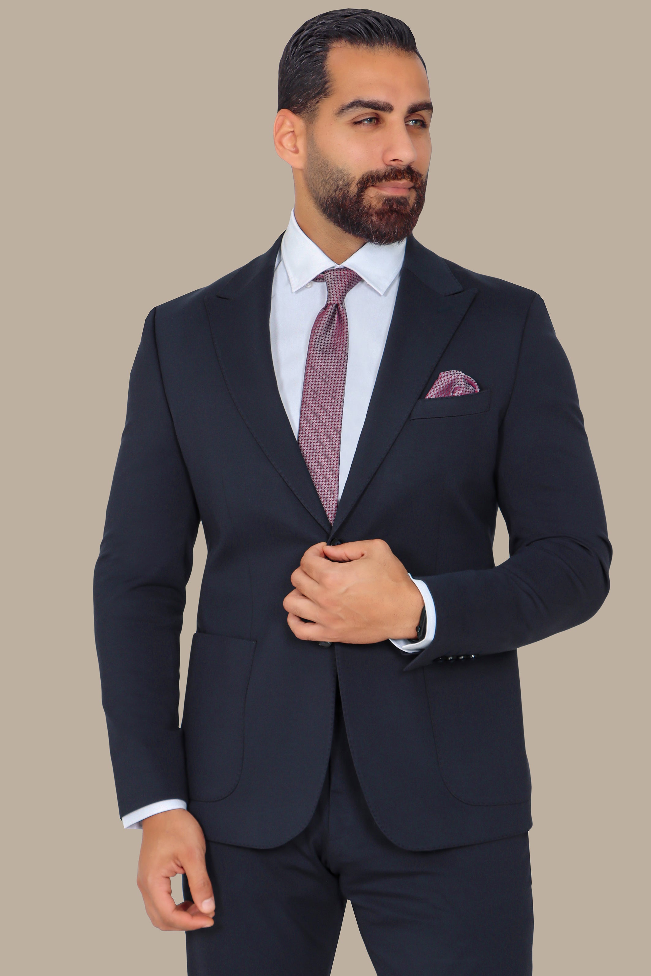 Modern Flex: 2-Piece Navy Lycra Suit with Peak Lapel