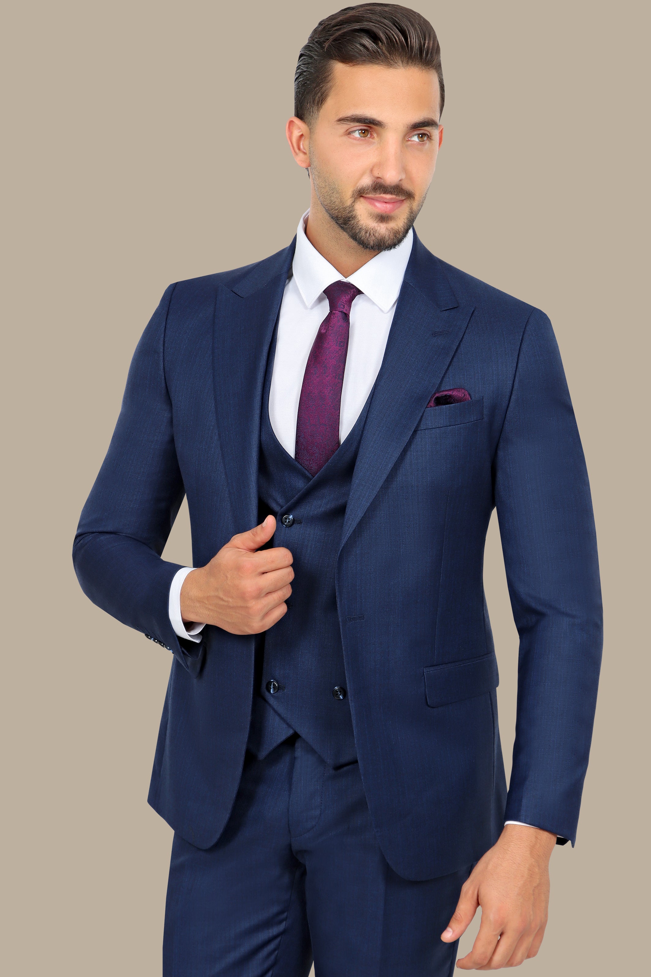 Classic Elegance: 3-Piece Blue Fila Fil Suit with Peak Lapel