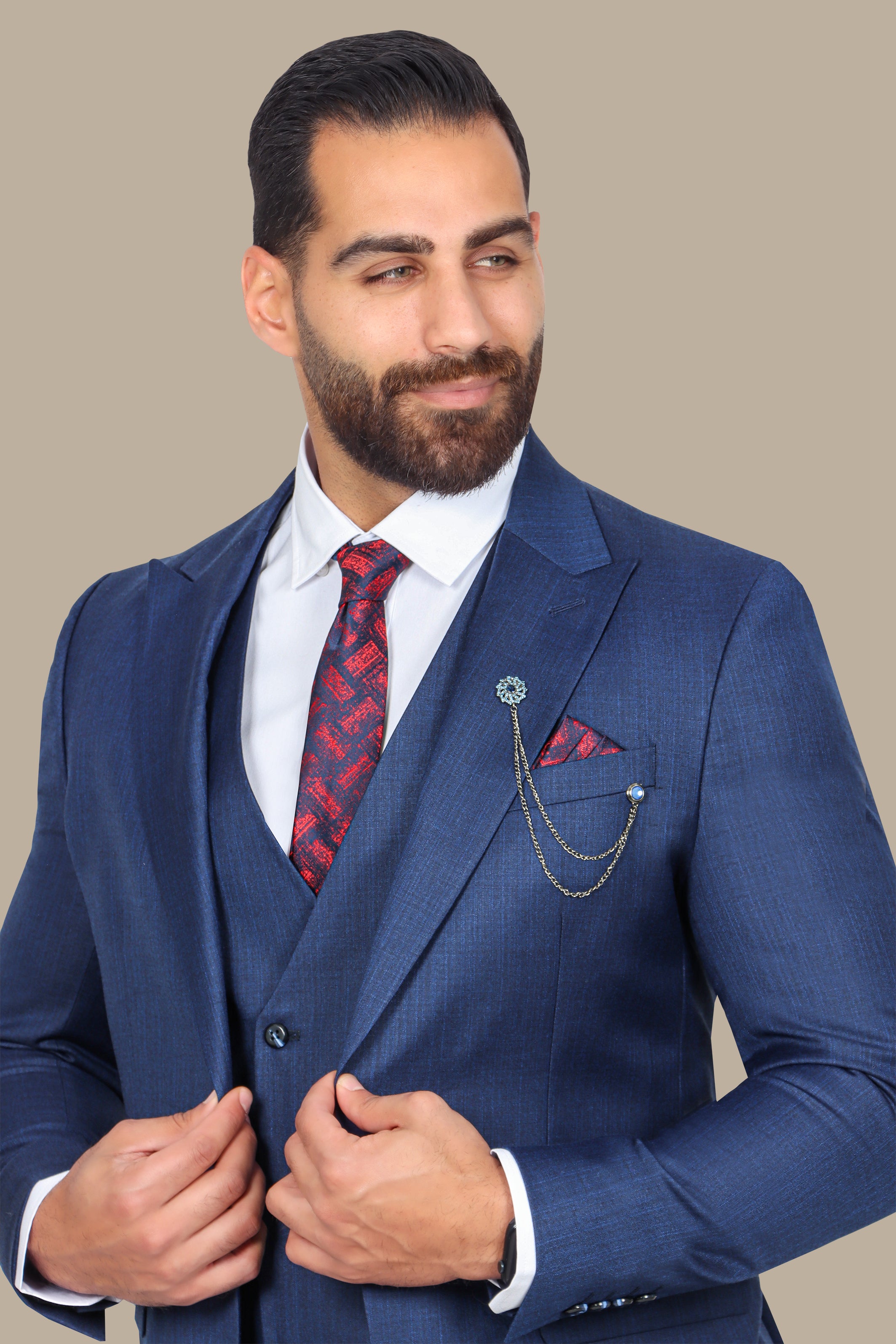 Classic Elegance: 3-Piece Blue Fila Fil Suit with Peak Lapel