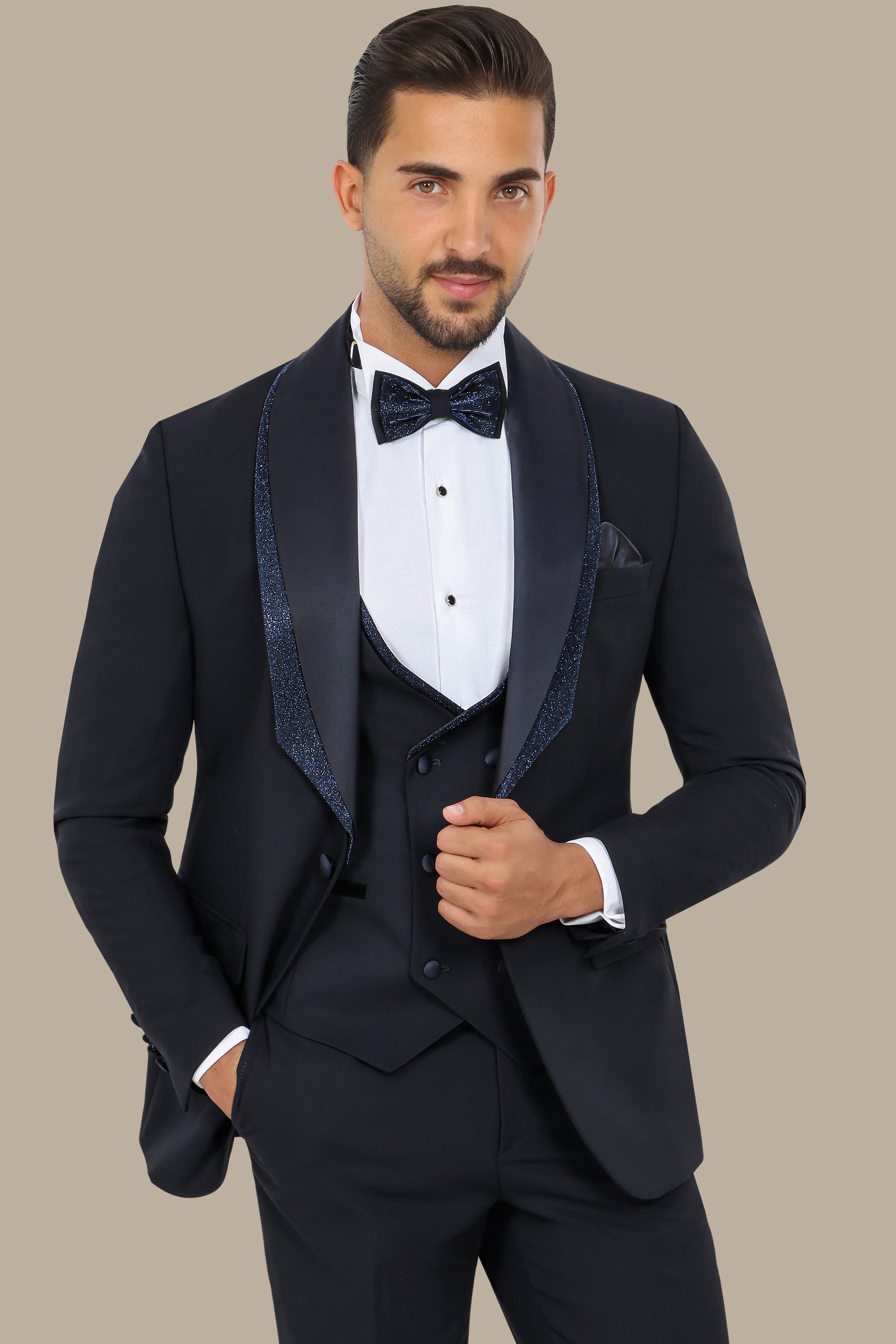 Navy Tuxedo with Glittered Shawl Collar – 4-Piece, 2-Layer Set