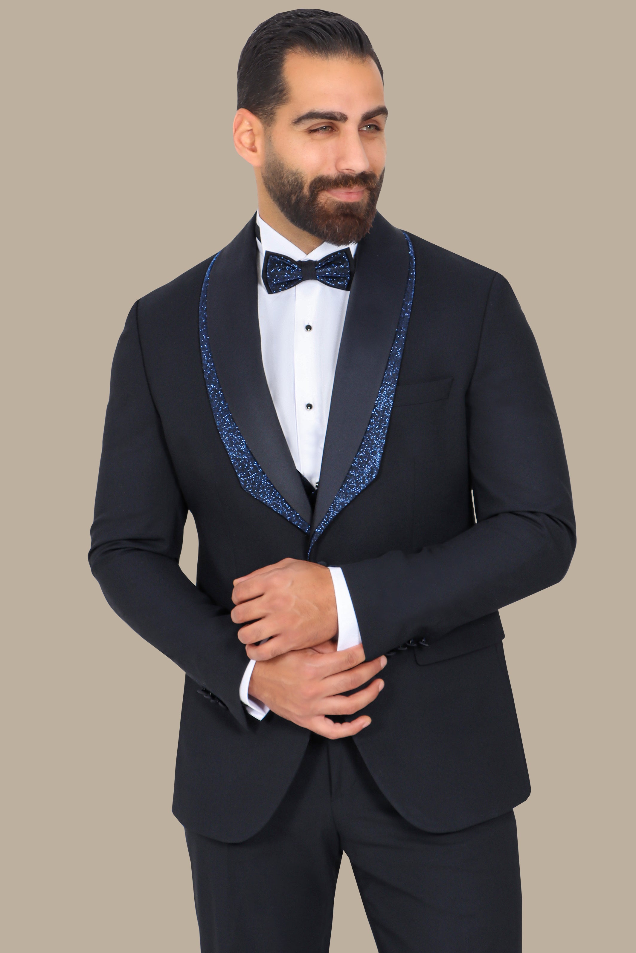 Navy Tuxedo with Glittered Shawl Collar – 4-Piece, 2-Layer Set