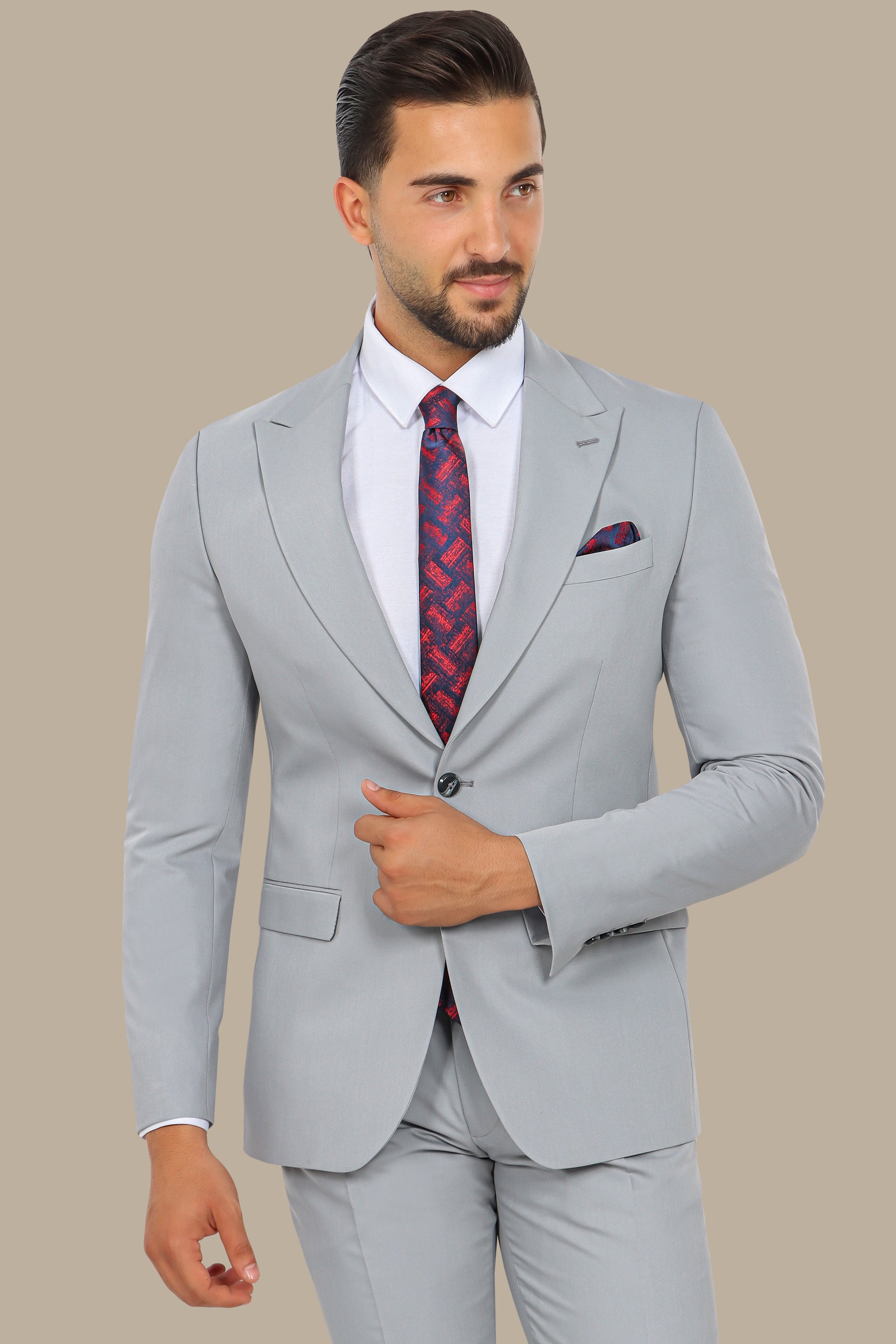 Grey 2-Piece Plain Suit with Peak Lapel