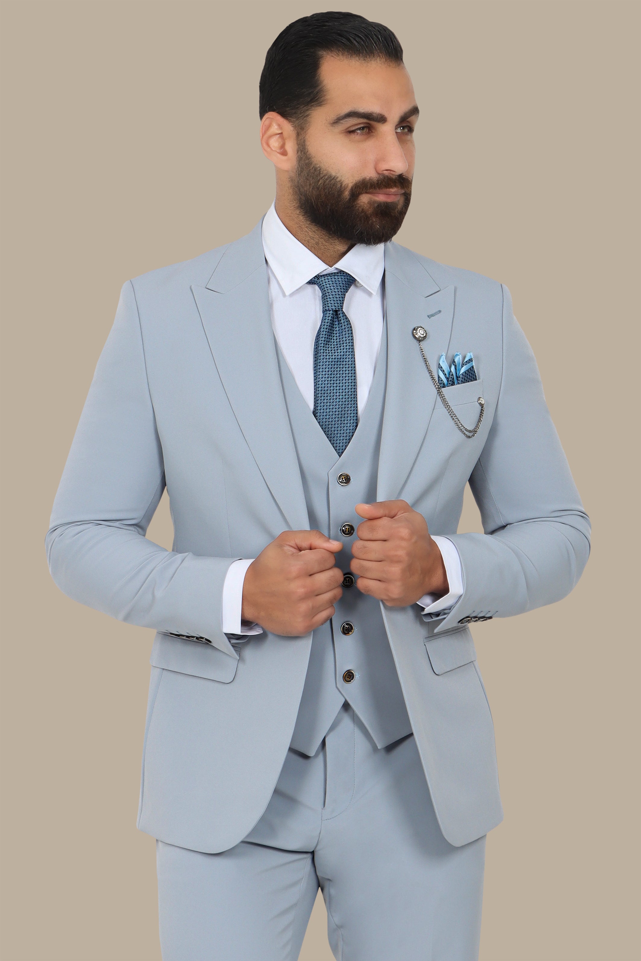 Light Blue 3-Piece Suit: Plain Lycra with Peak Lapel