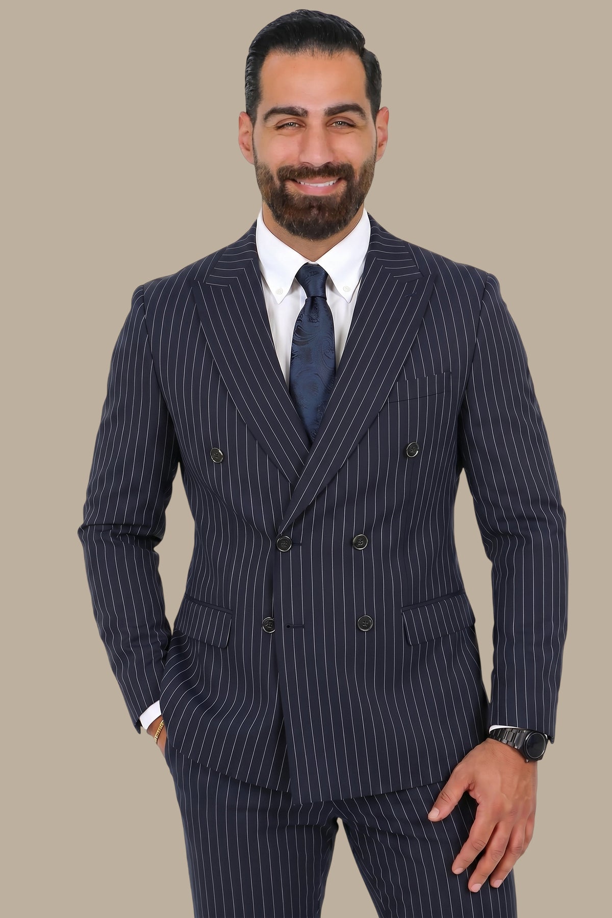 Navy Double-Breasted Pinstripe Lycra Suit