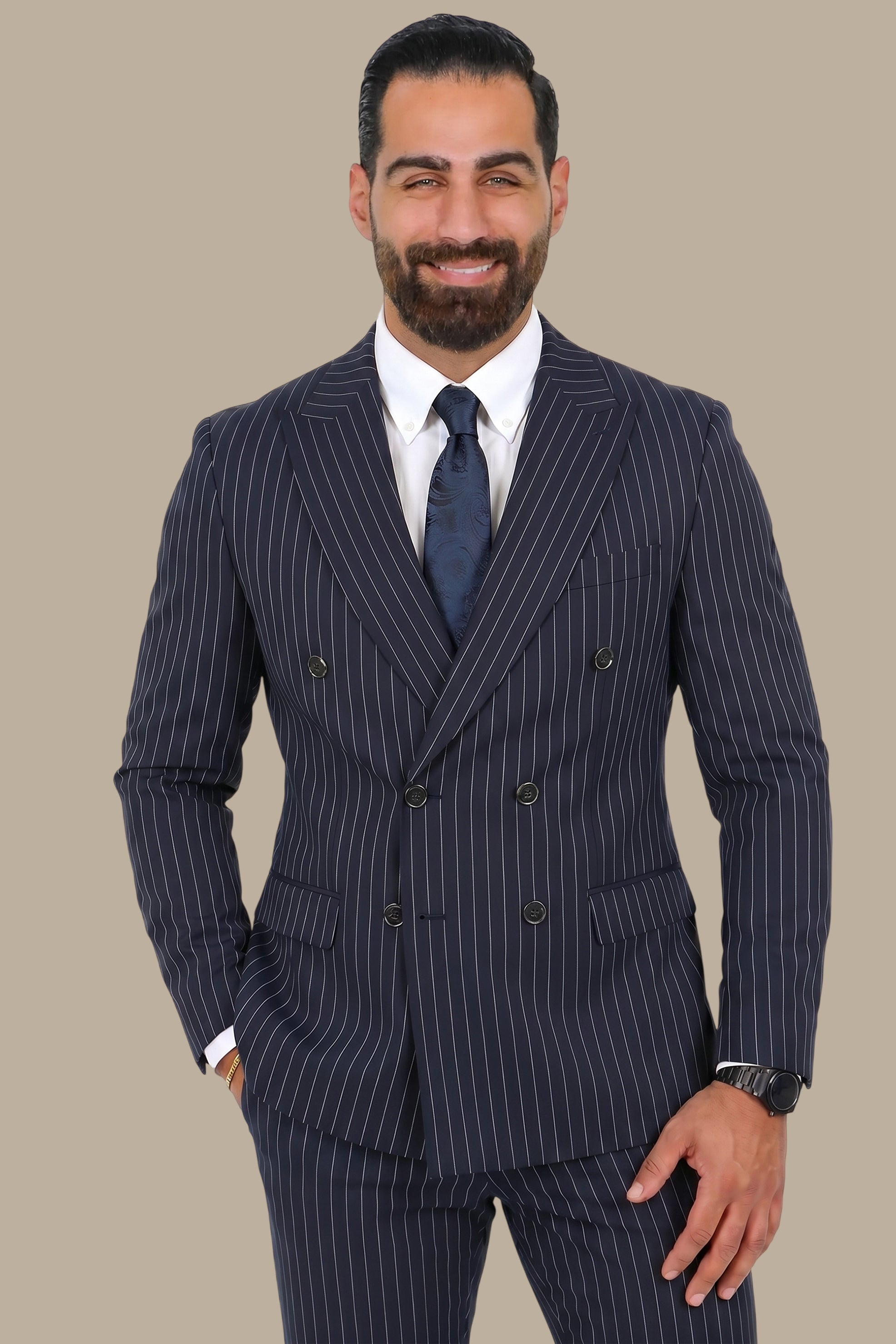 Navy Double-Breasted Pinstripe Lycra Suit