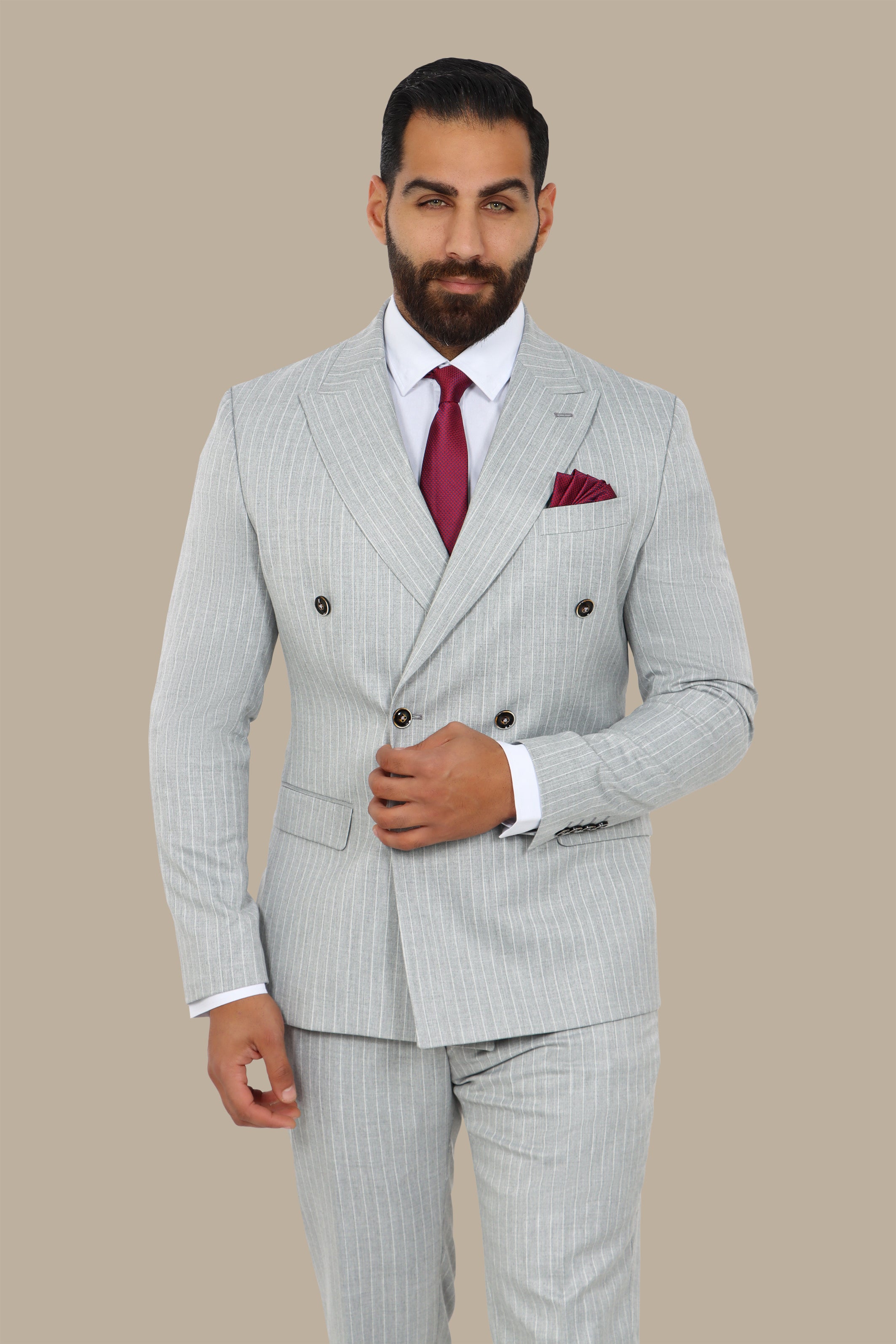 Light Grey Double-Breasted Pinstripe Suit