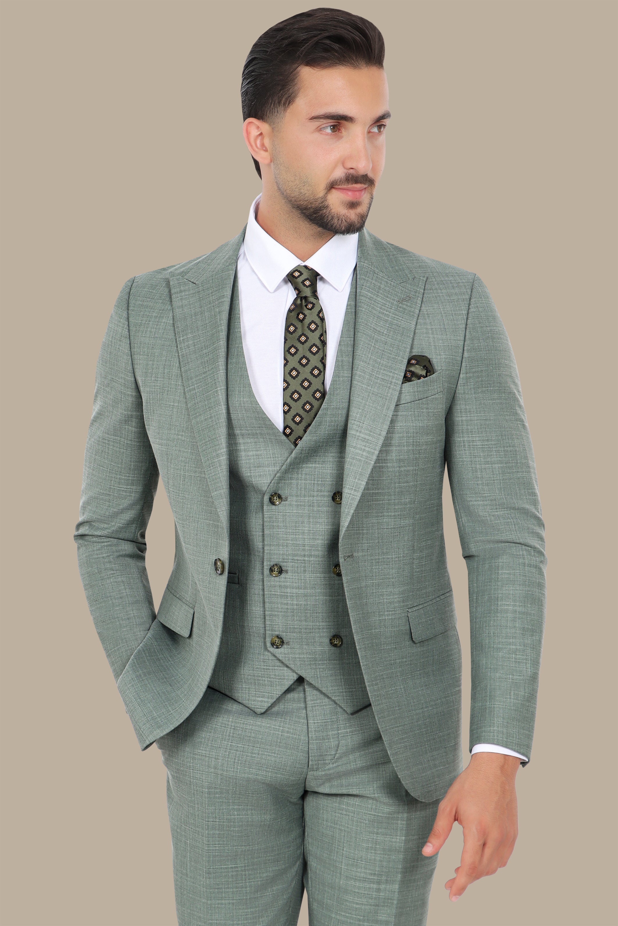 Light Green 3-Piece Suit: Fila Fabric with Peak Lapel