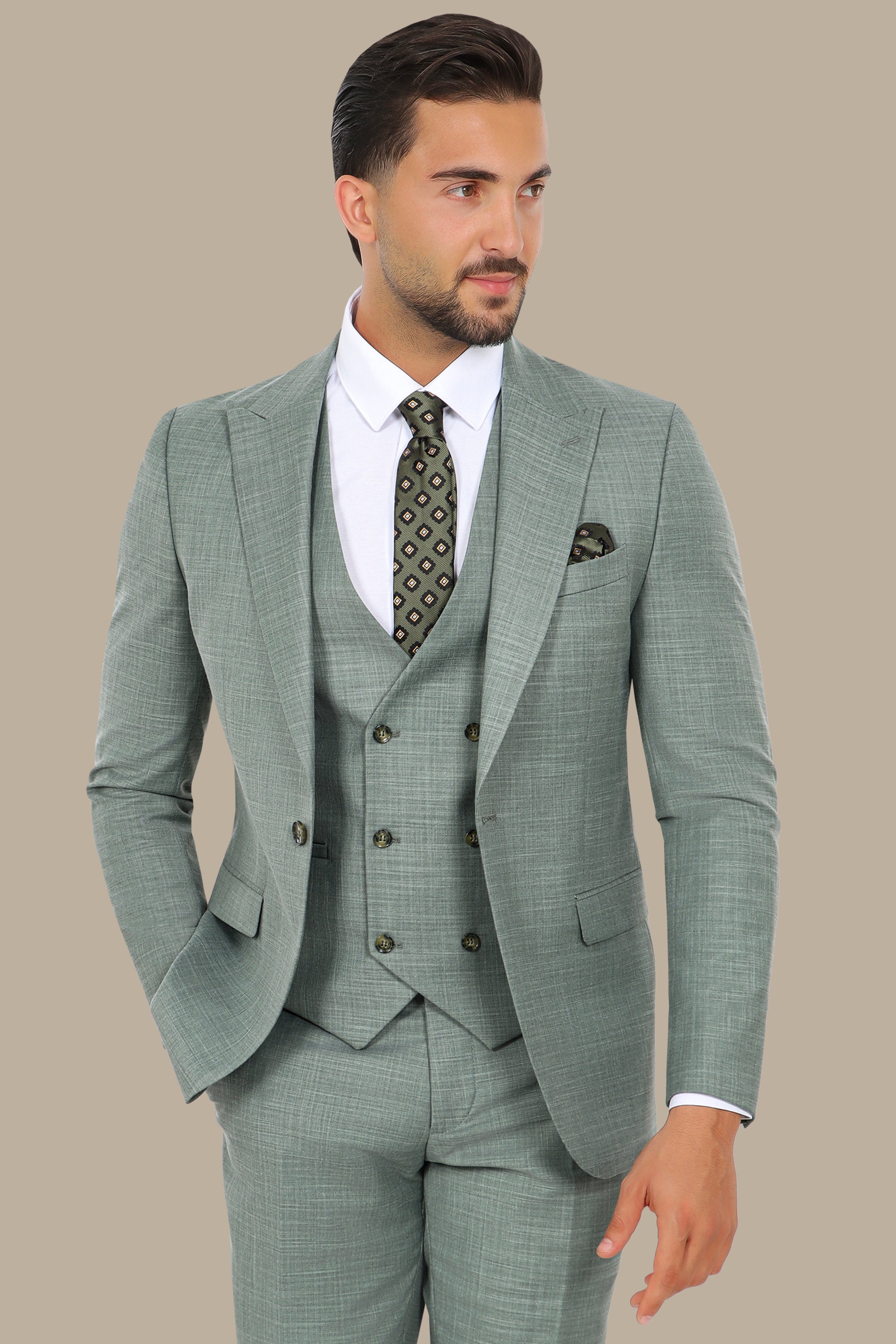 Light Green 3-Piece Suit: Fila Fabric with Peak Lapel