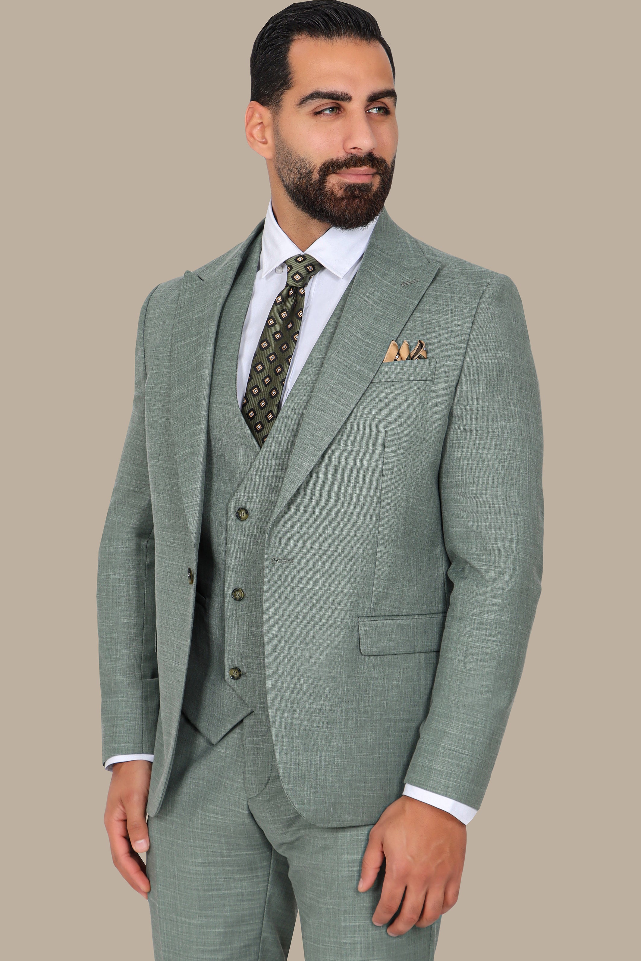 Light Green 3-Piece Suit: Fila Fabric with Peak Lapel