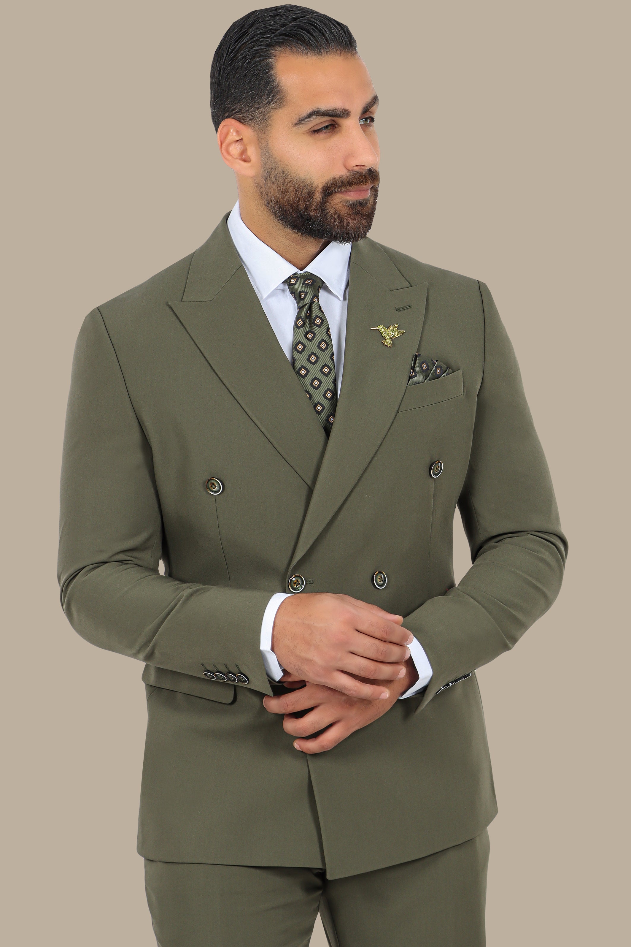 Double-Breasted Olive Suit with Peak Lapel