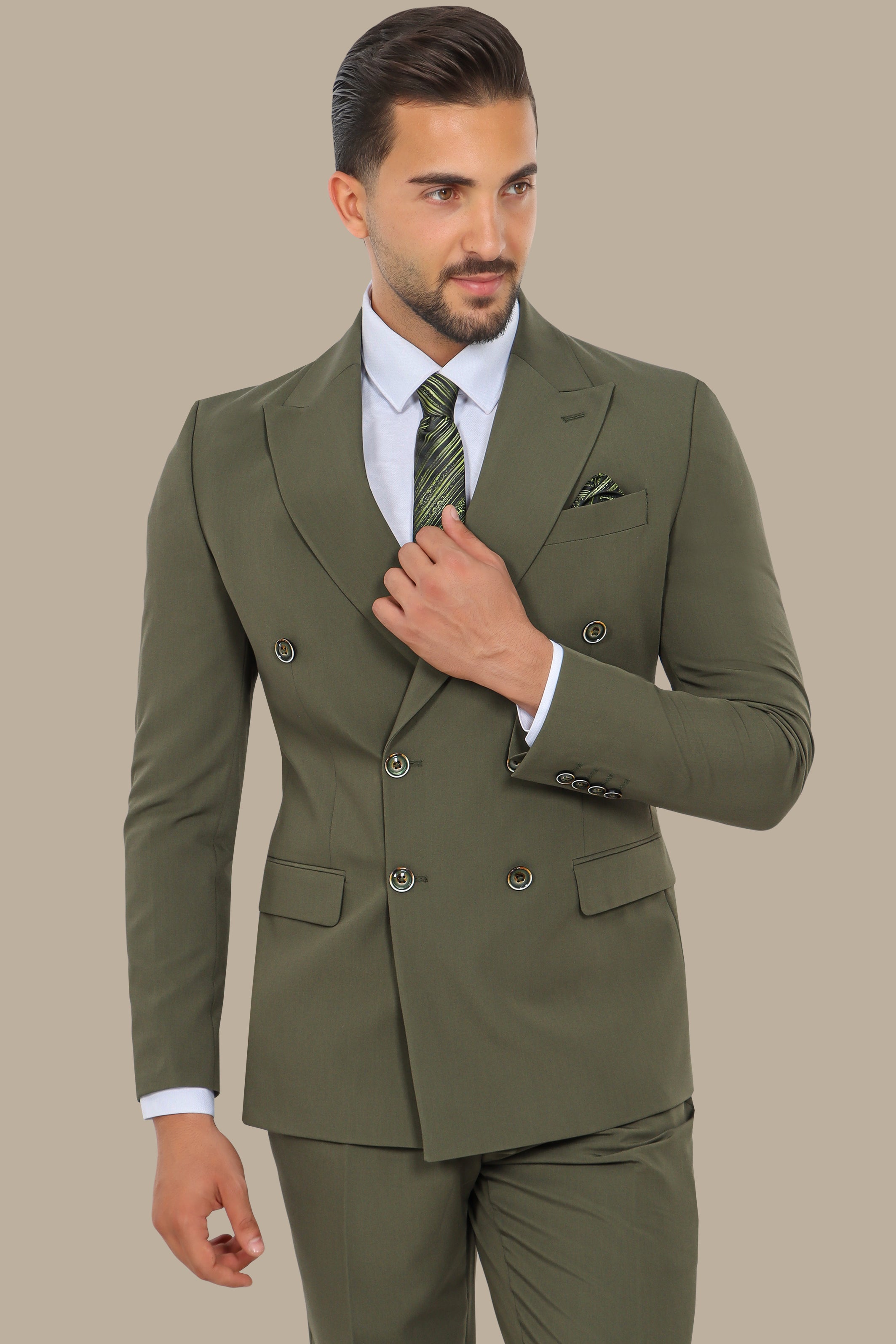 Double-Breasted Olive Suit with Peak Lapel