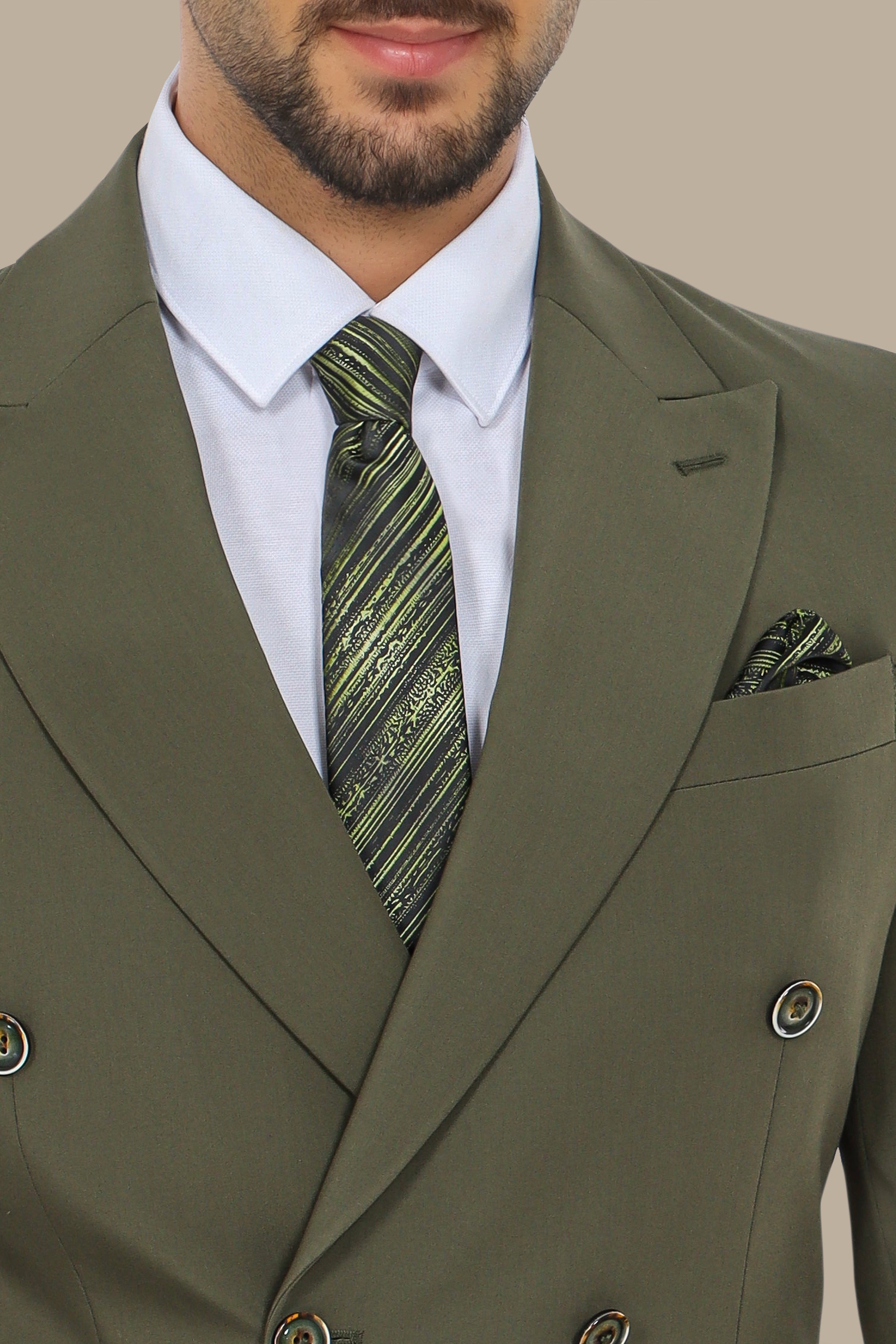 Double-Breasted Olive Suit with Peak Lapel