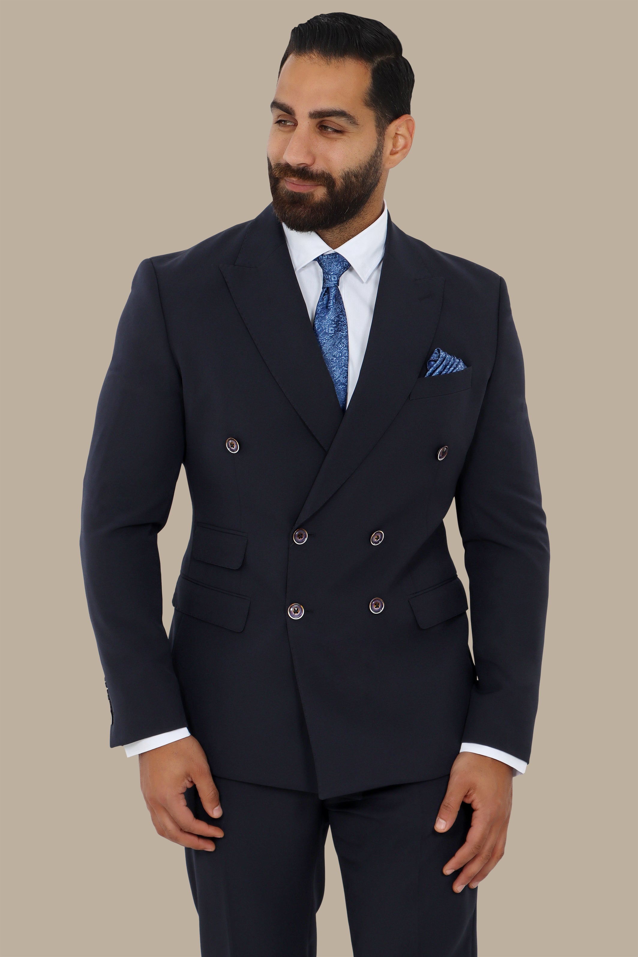 Navy Double-Breasted Suit with Peak Lapel