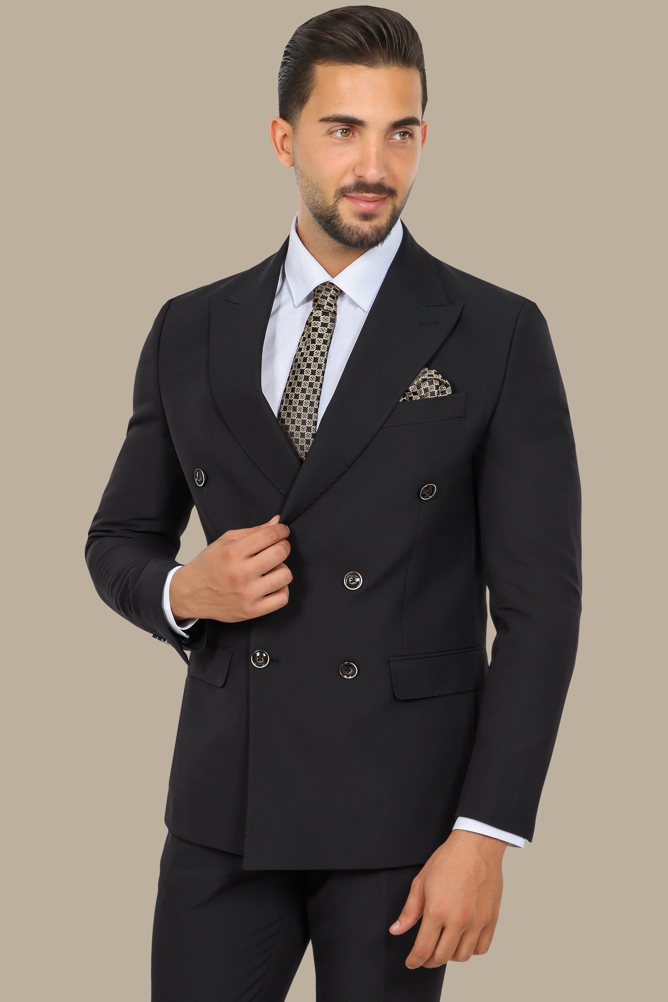 Black Double-Breasted Suit with Peak Lapel