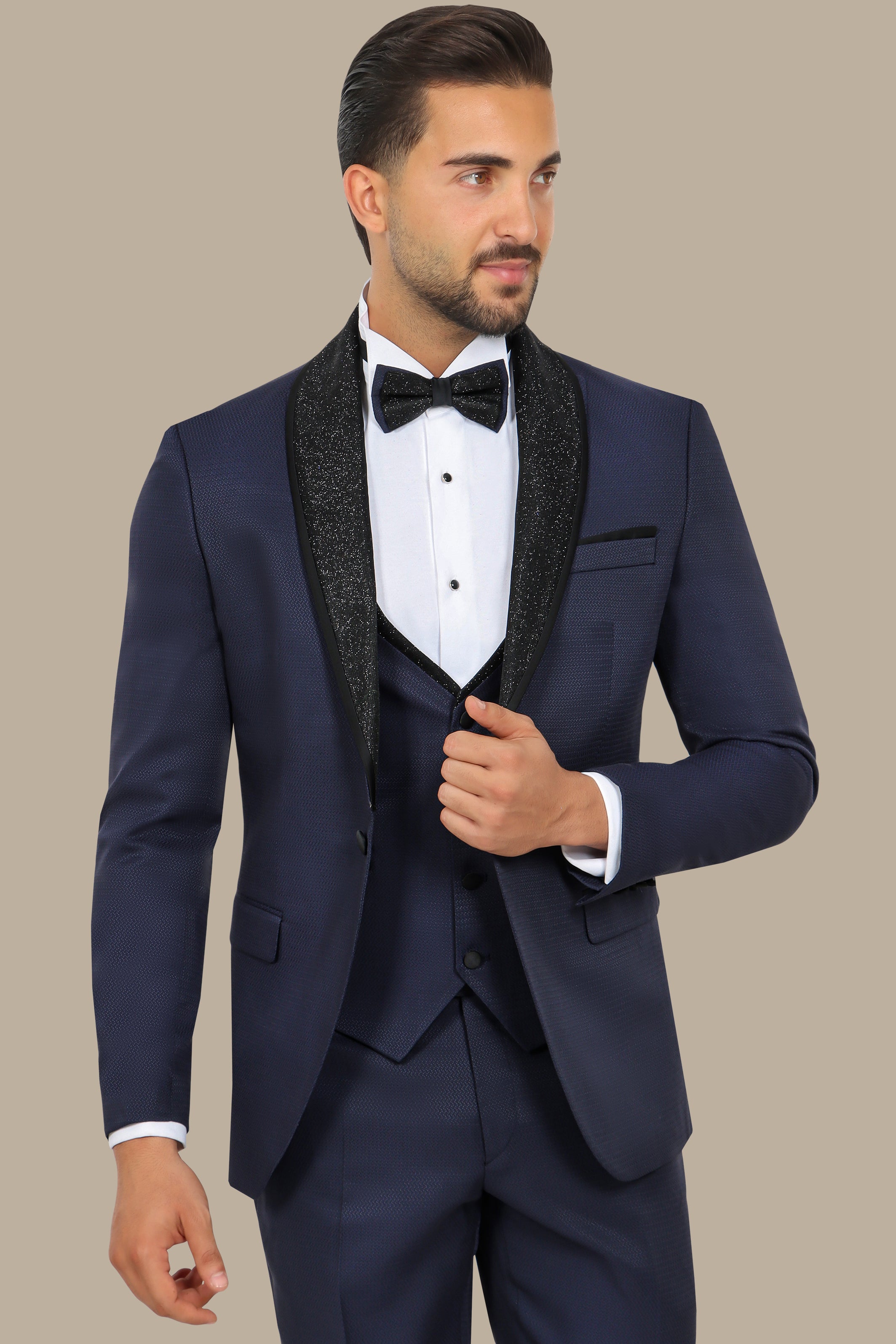 Navy Structured Tuxedo with Glittered Collar – 4-Piece Set