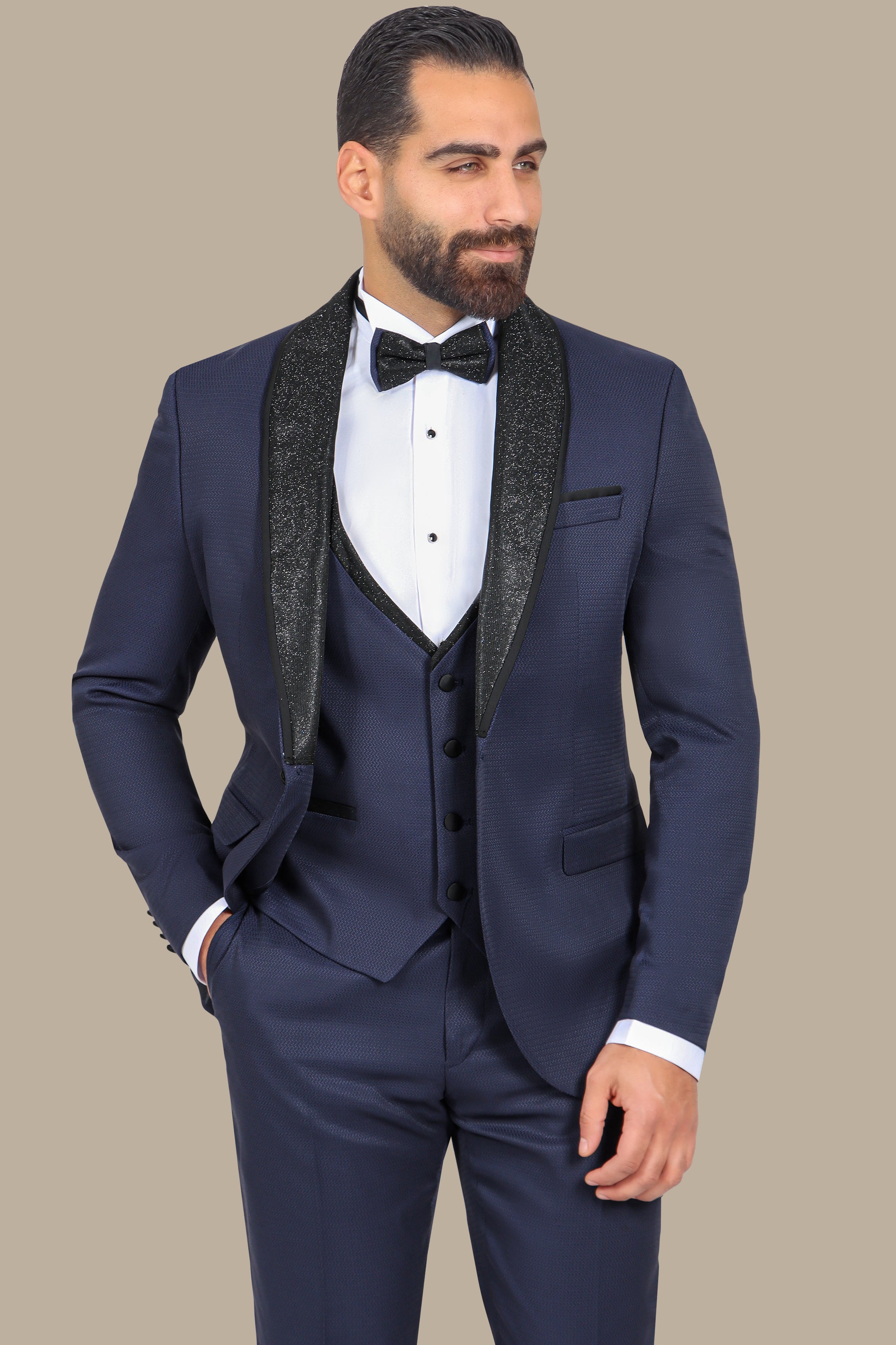 Navy Structured Tuxedo with Glittered Collar – 4-Piece Set