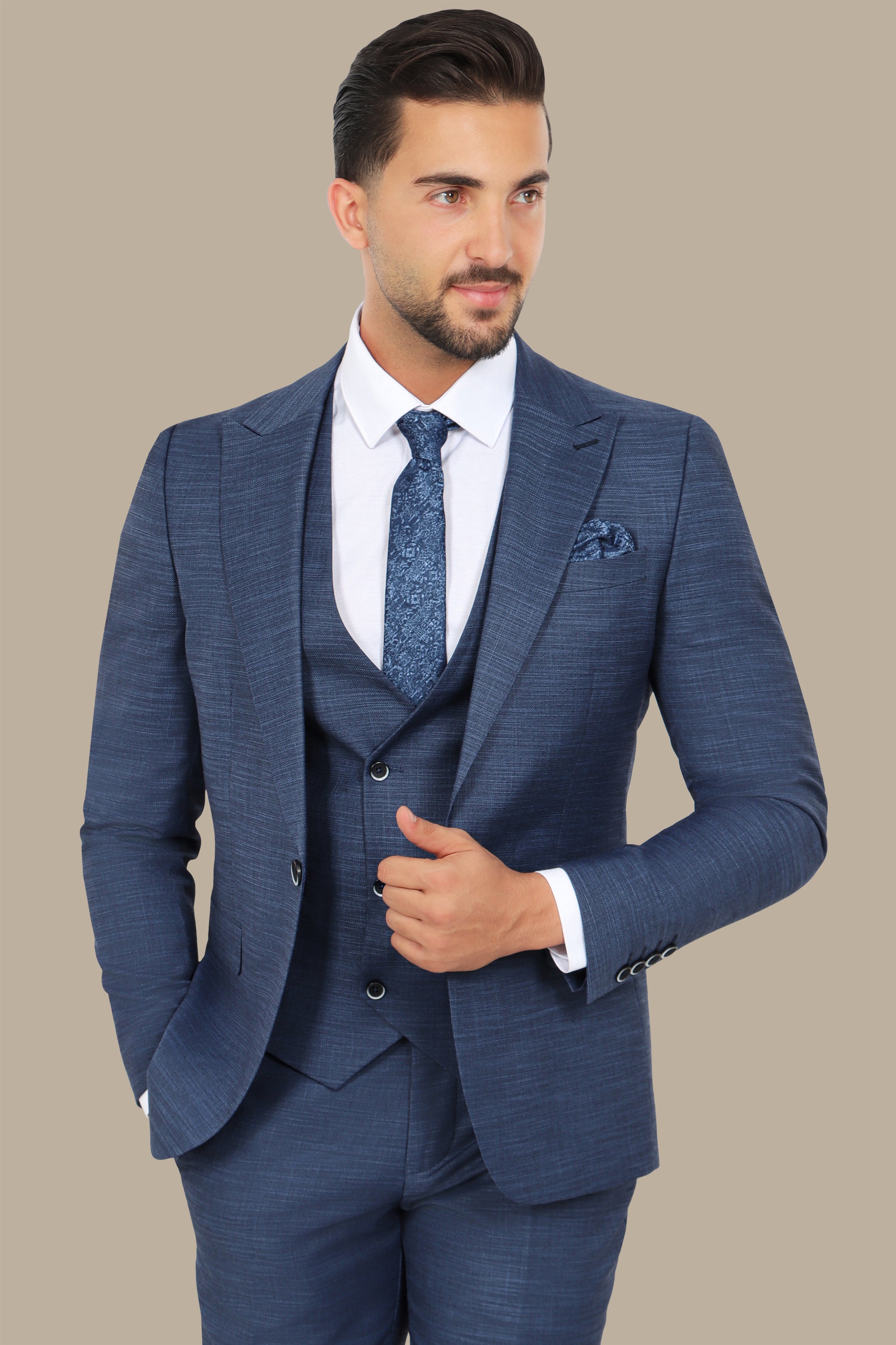 Blue 3-Piece Suit: Fila Fabric with Peak Lapel