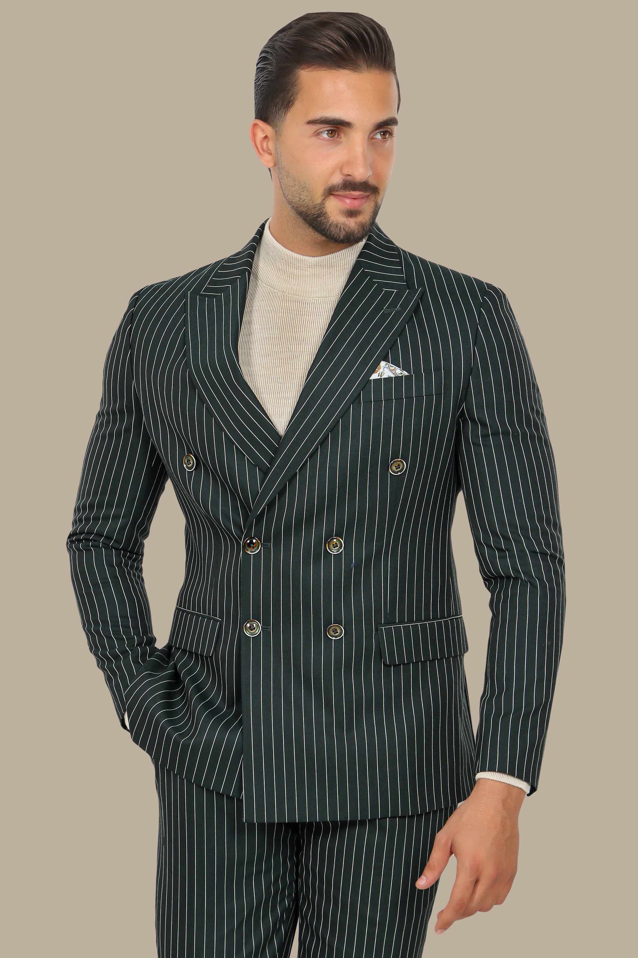 Green Double-Breasted Pinstripe Suit