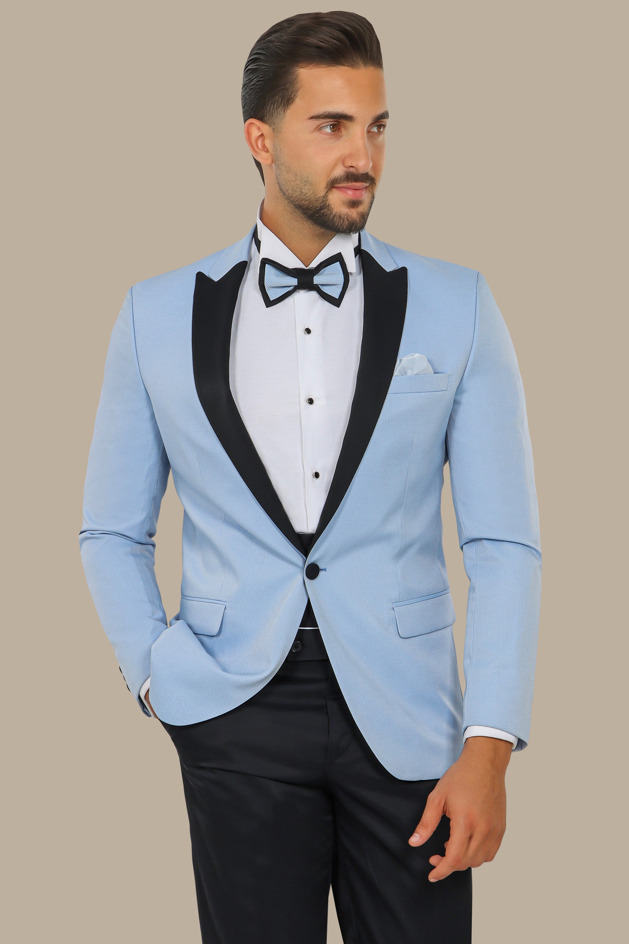 Light Blue Piquet Tuxedo with Satin Peak Lapel – 4-Piece Set