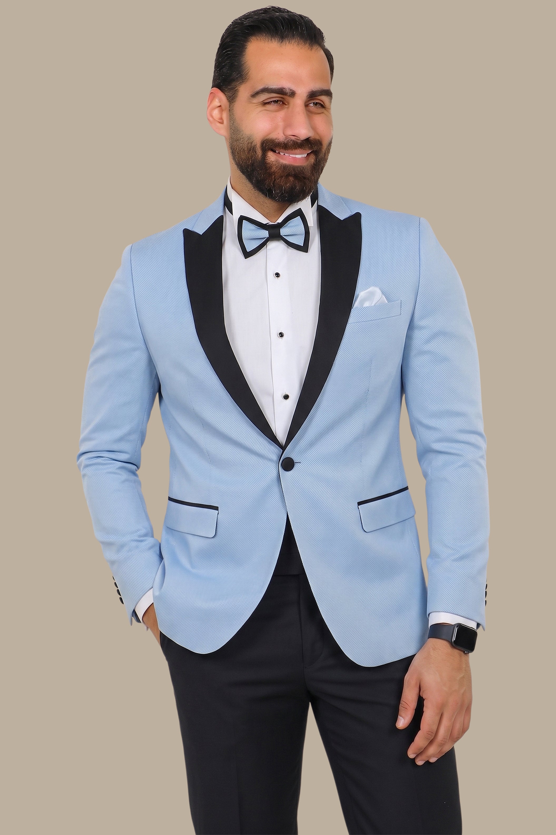Light Blue Piquet Tuxedo with Satin Peak Lapel – 4-Piece Set