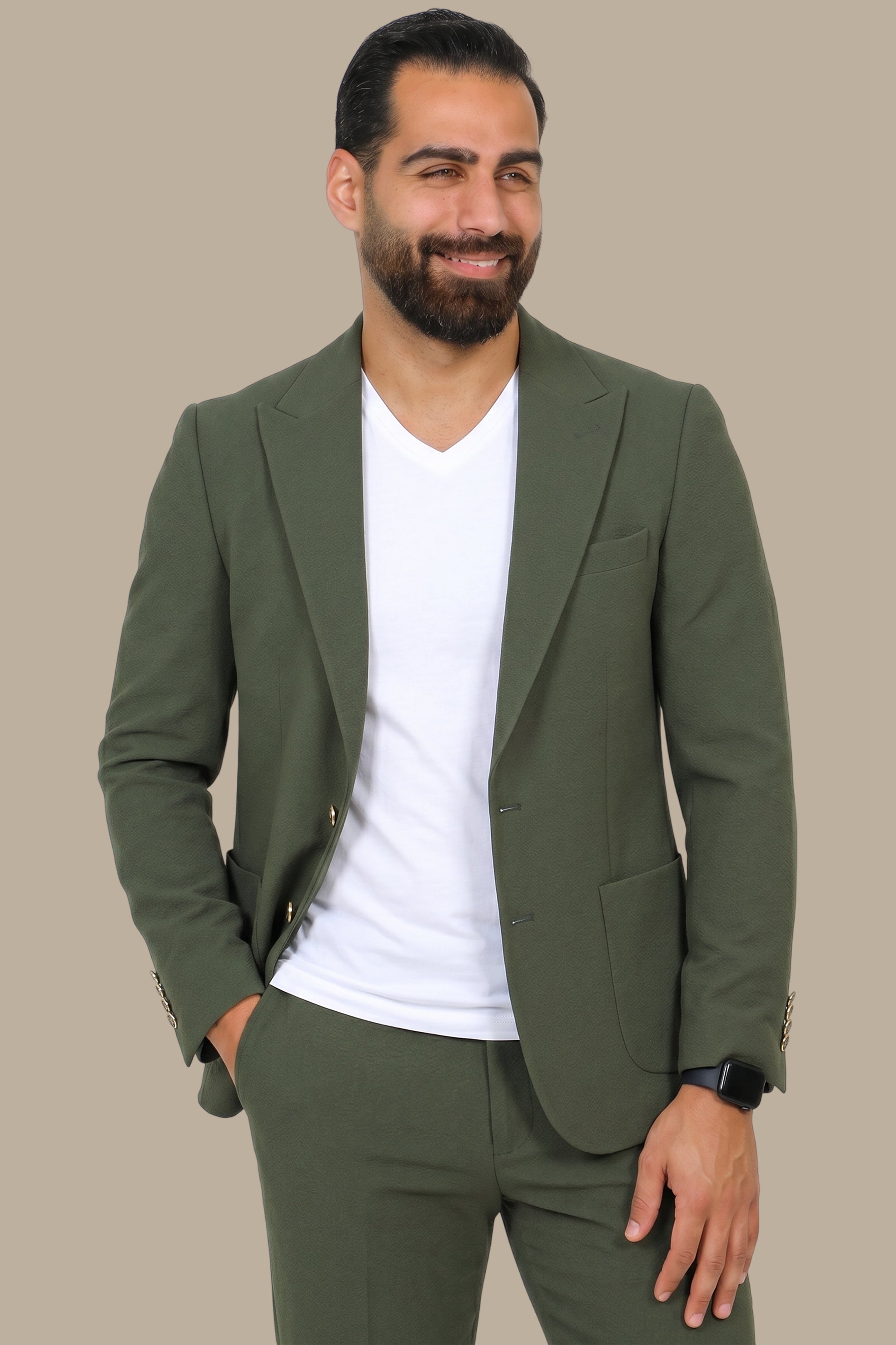 Olive Travel 2-Piece Suit with Peak Lapel & Patch Pocket