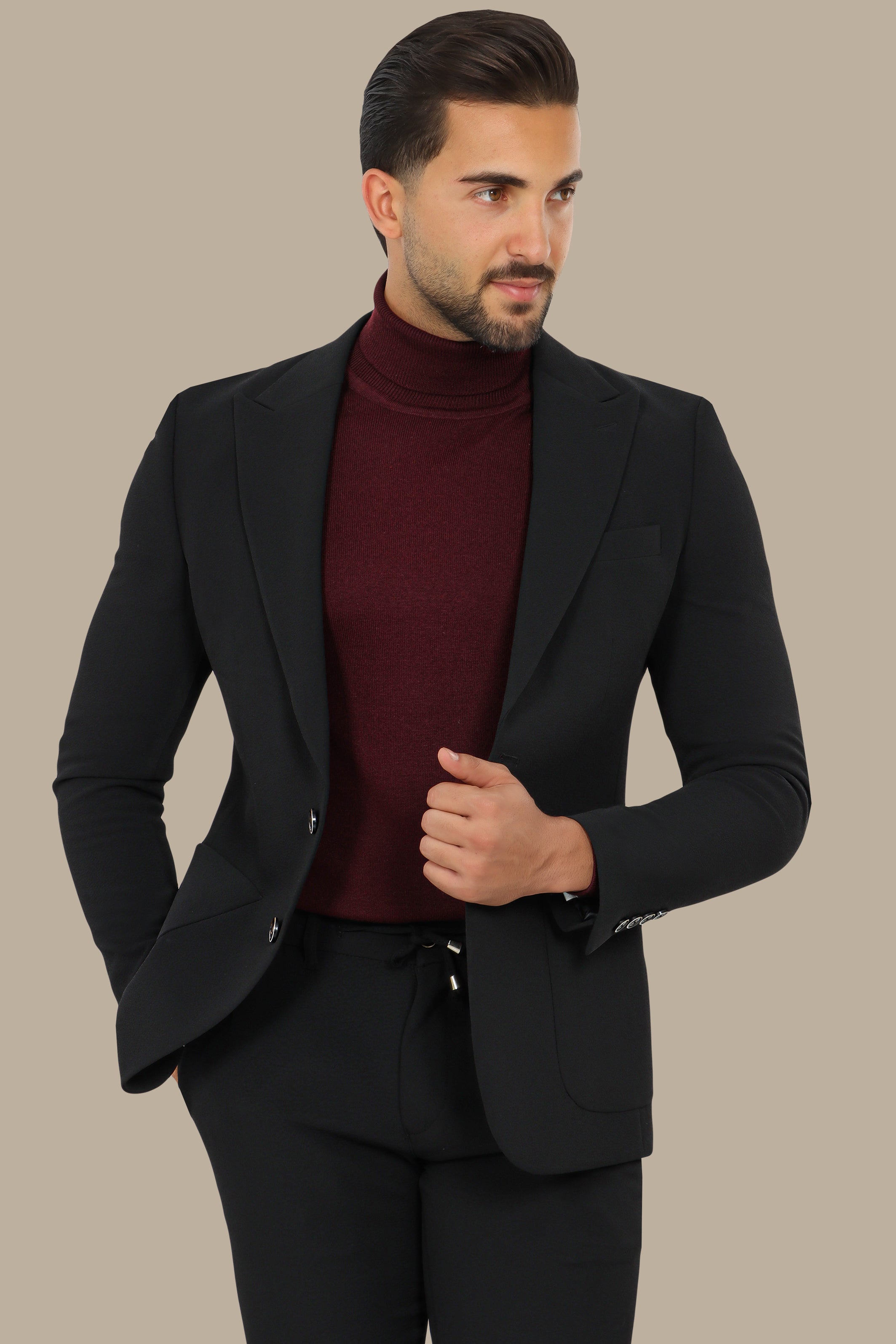 Black Travel Suit 2-Piece with Peak Lapel and Patch Pockets