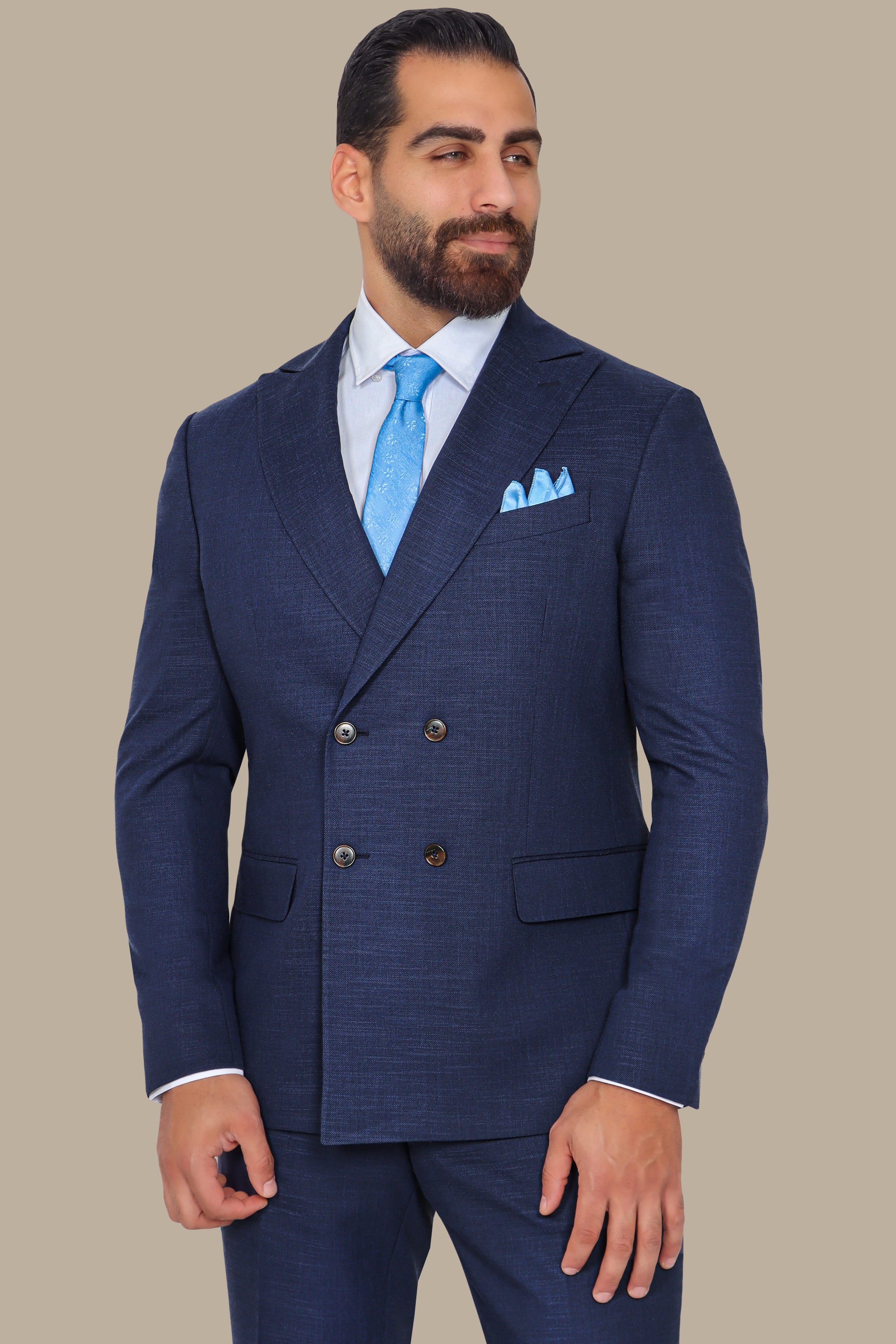 Navy Piquet Double-Breasted Suit with Peak Lapel