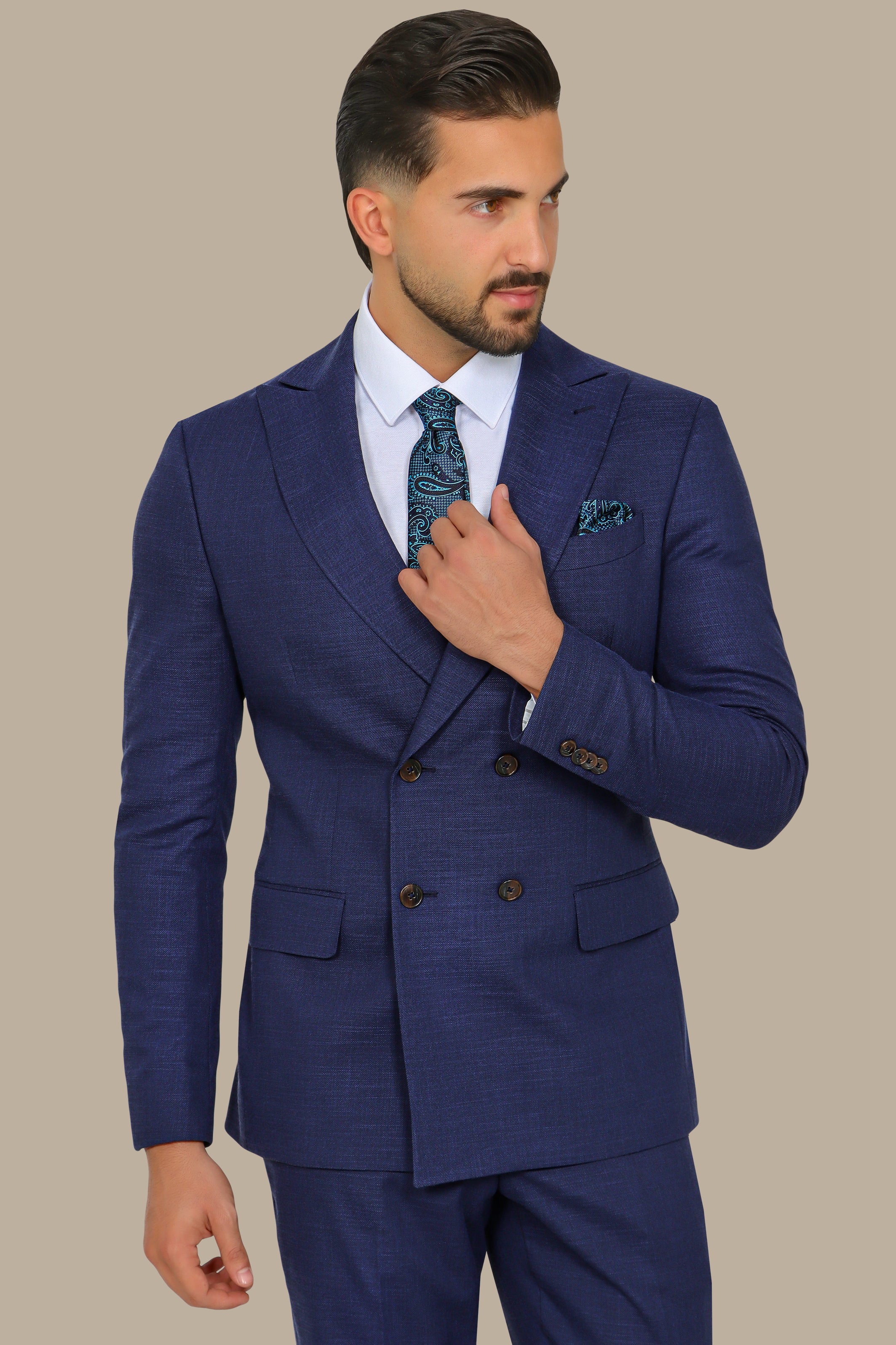 Navy Piquet Double-Breasted Suit with Peak Lapel