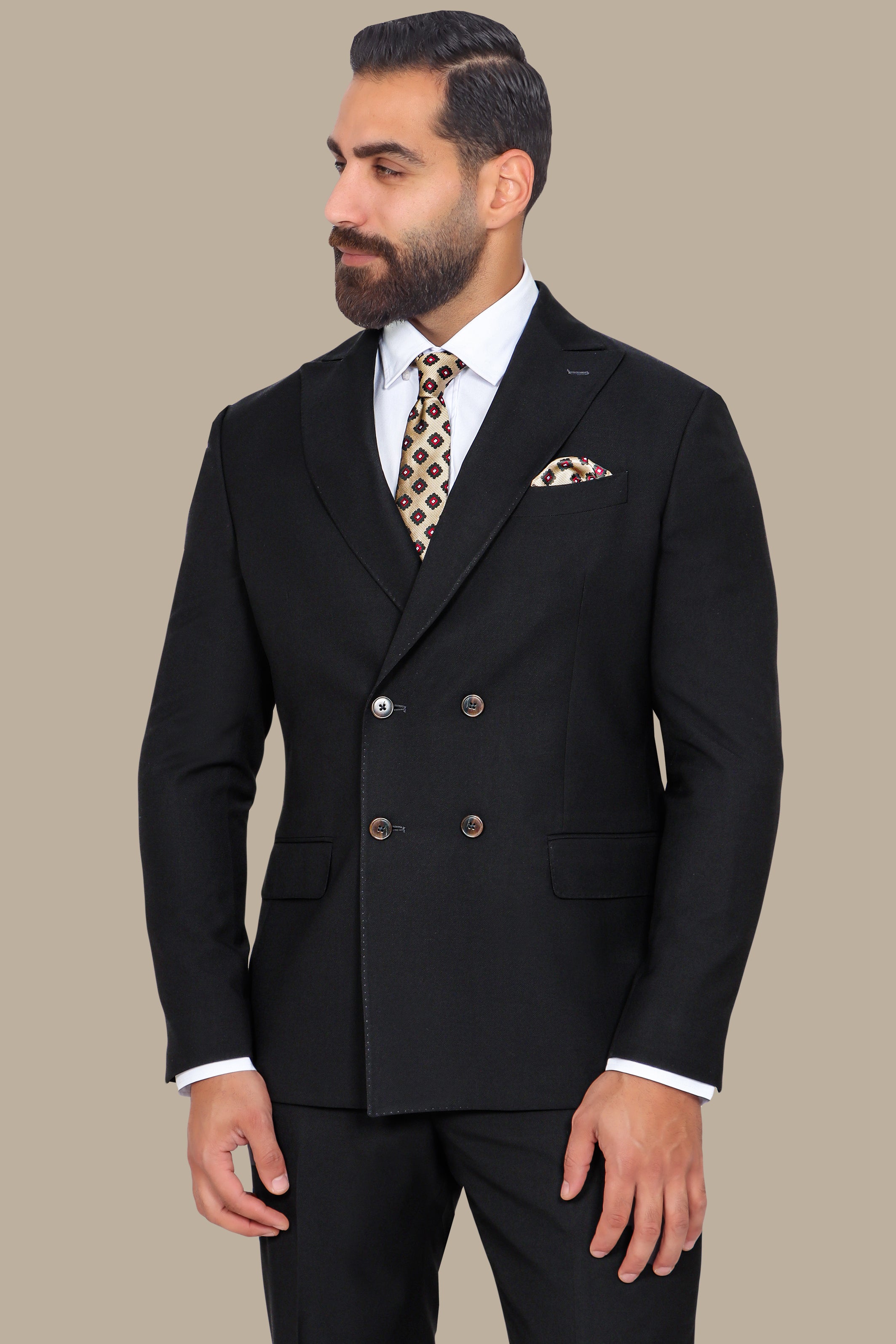 Black Piquet Double-Breasted Suit with Peak Lapel