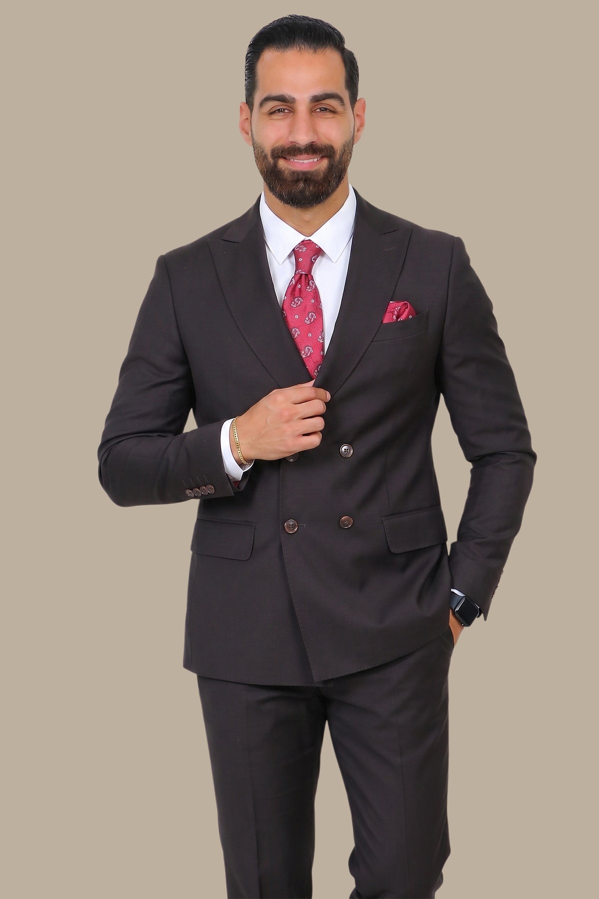 Black Piquet Double-Breasted Suit with Peak Lapel