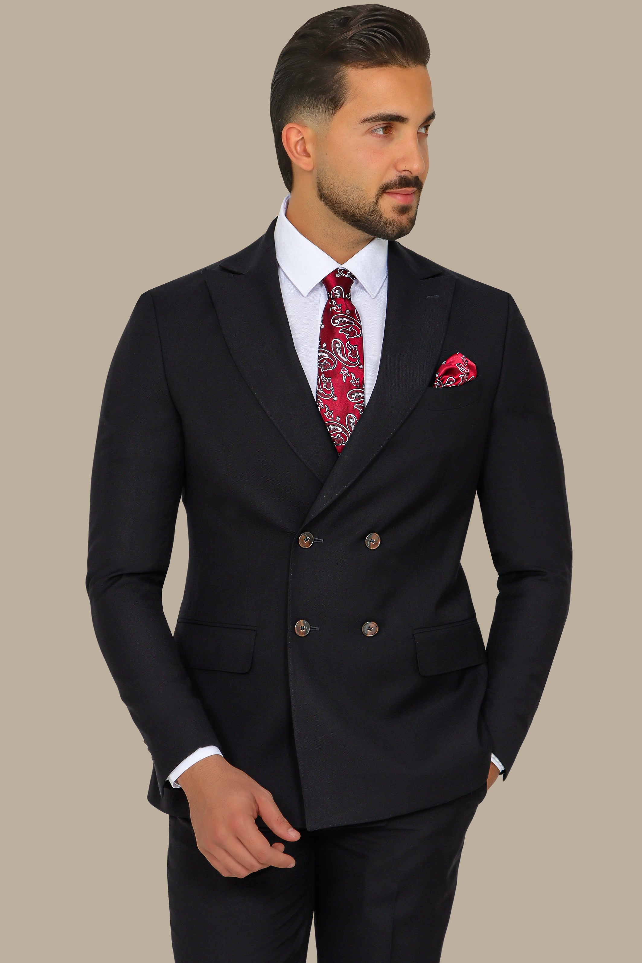 Black Piquet Double-Breasted Suit with Peak Lapel