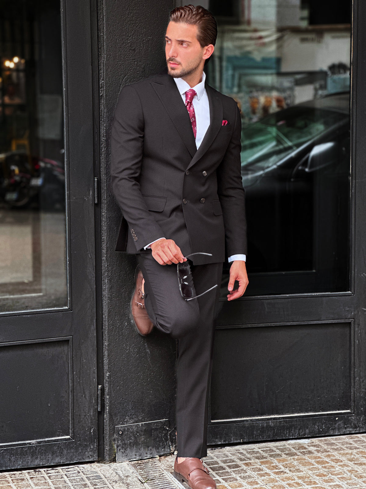Black Piquet Double-Breasted Suit with Peak Lapel