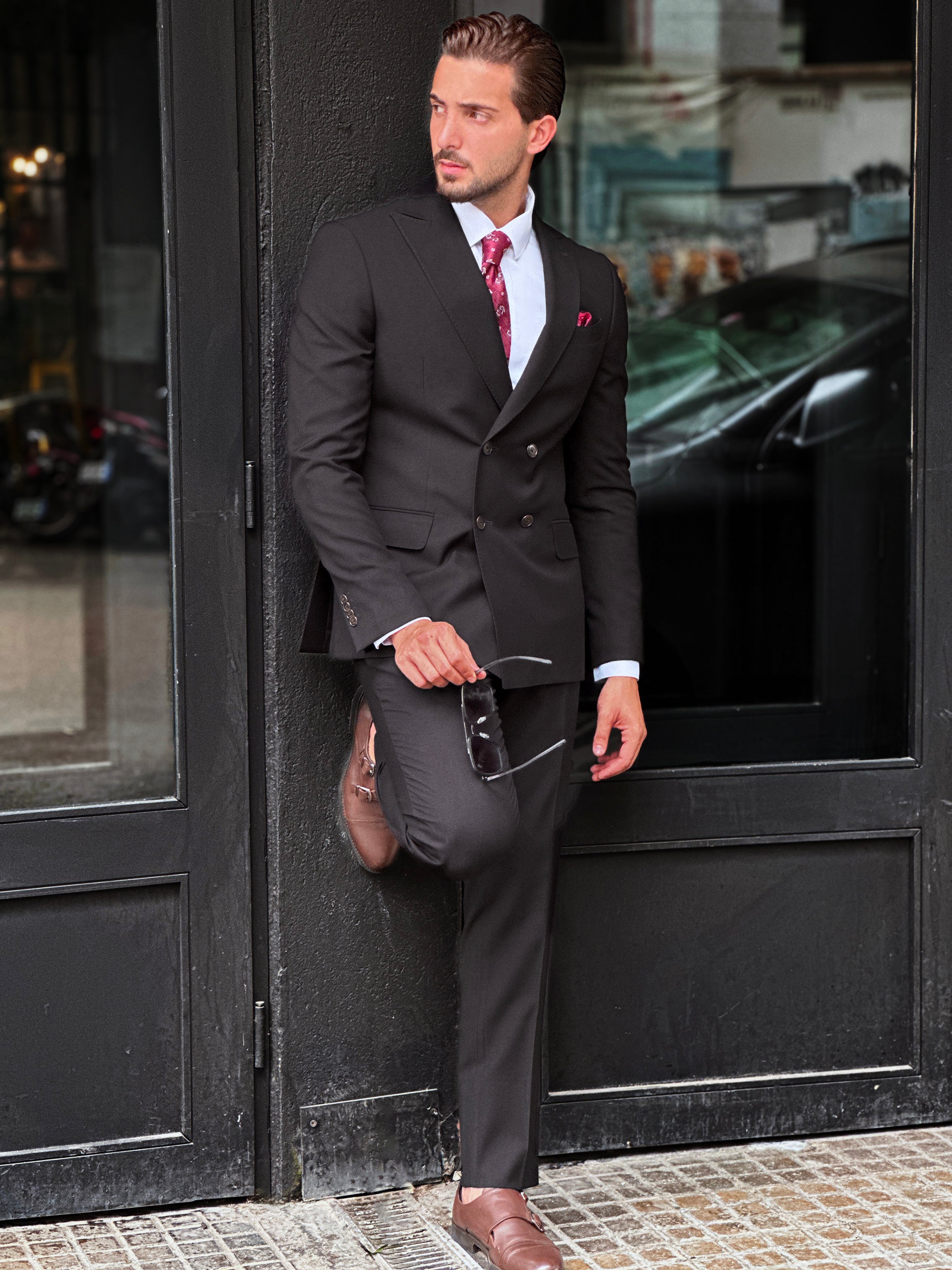 Black Piquet Double-Breasted Suit with Peak Lapel