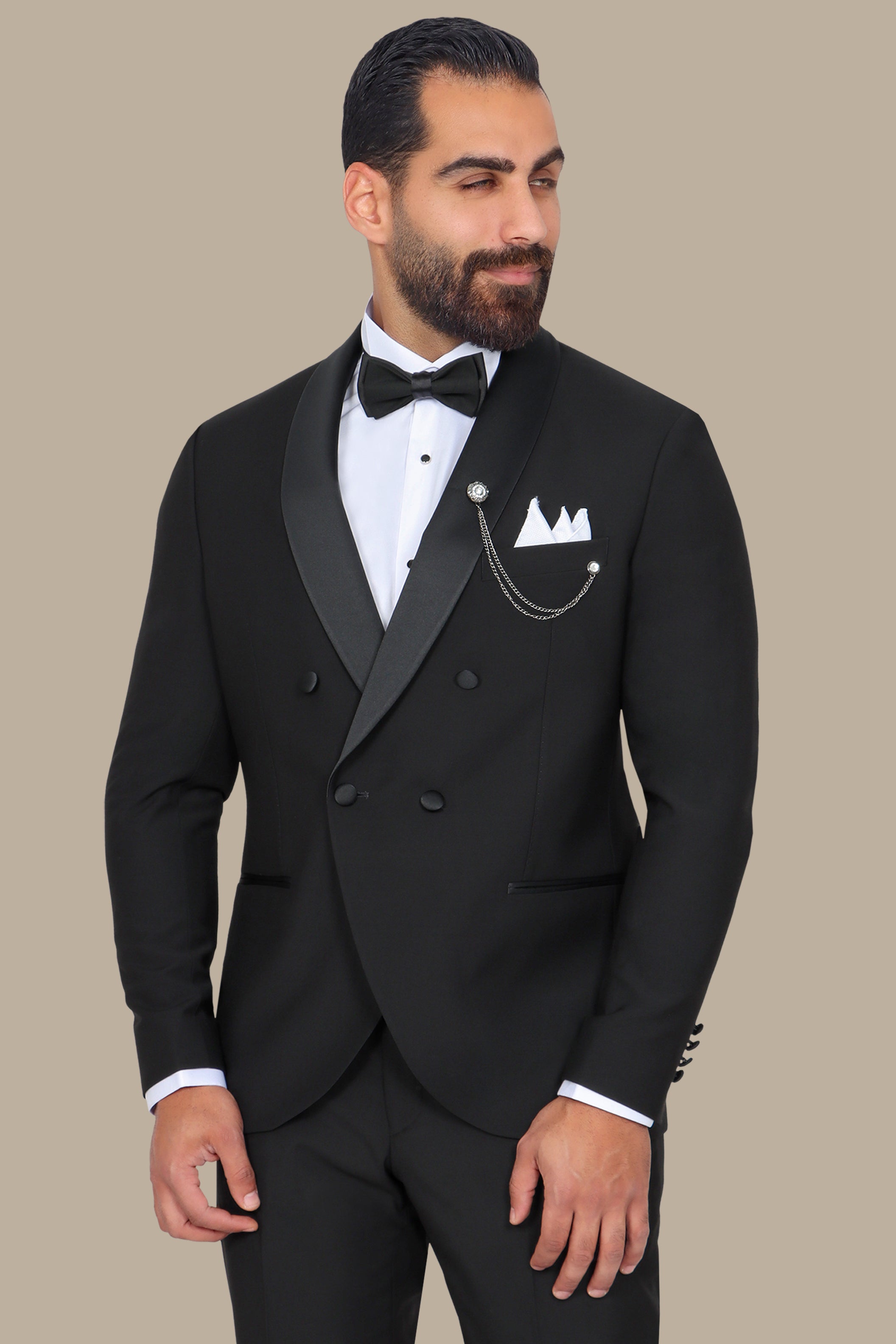 Black Double-Breasted Col Chale Tuxedo