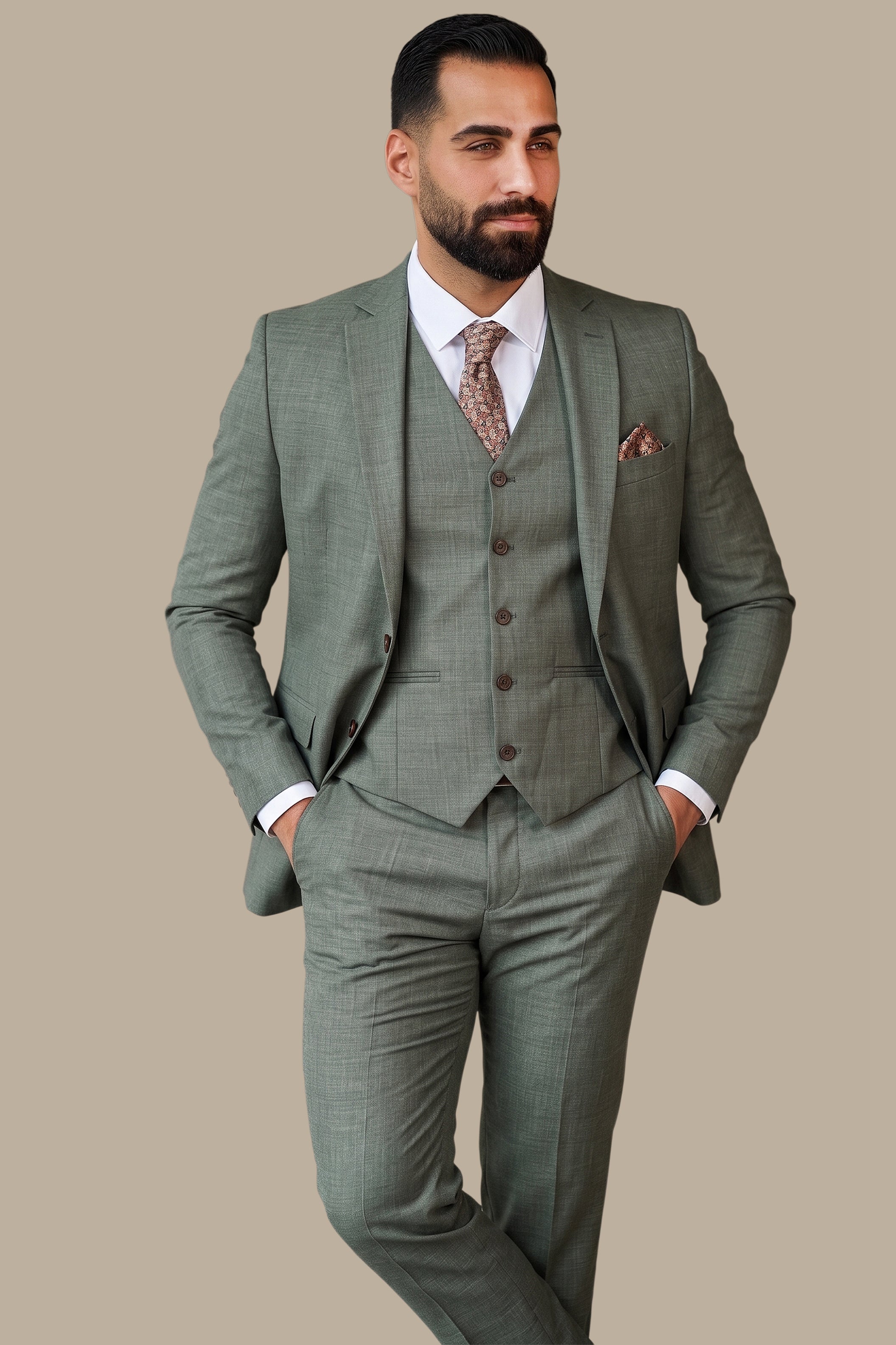 Olive Fil-à-Fil 3-Piece Suit with Notch Lapel