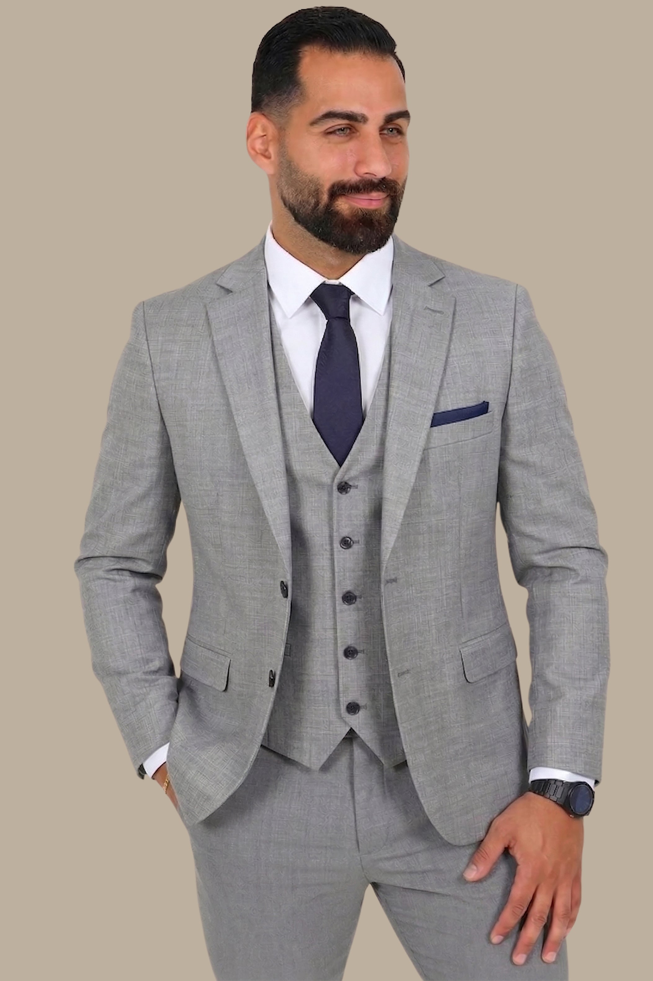Light Grey Fil-à-Fil 3-Piece Suit with Notch Lapel