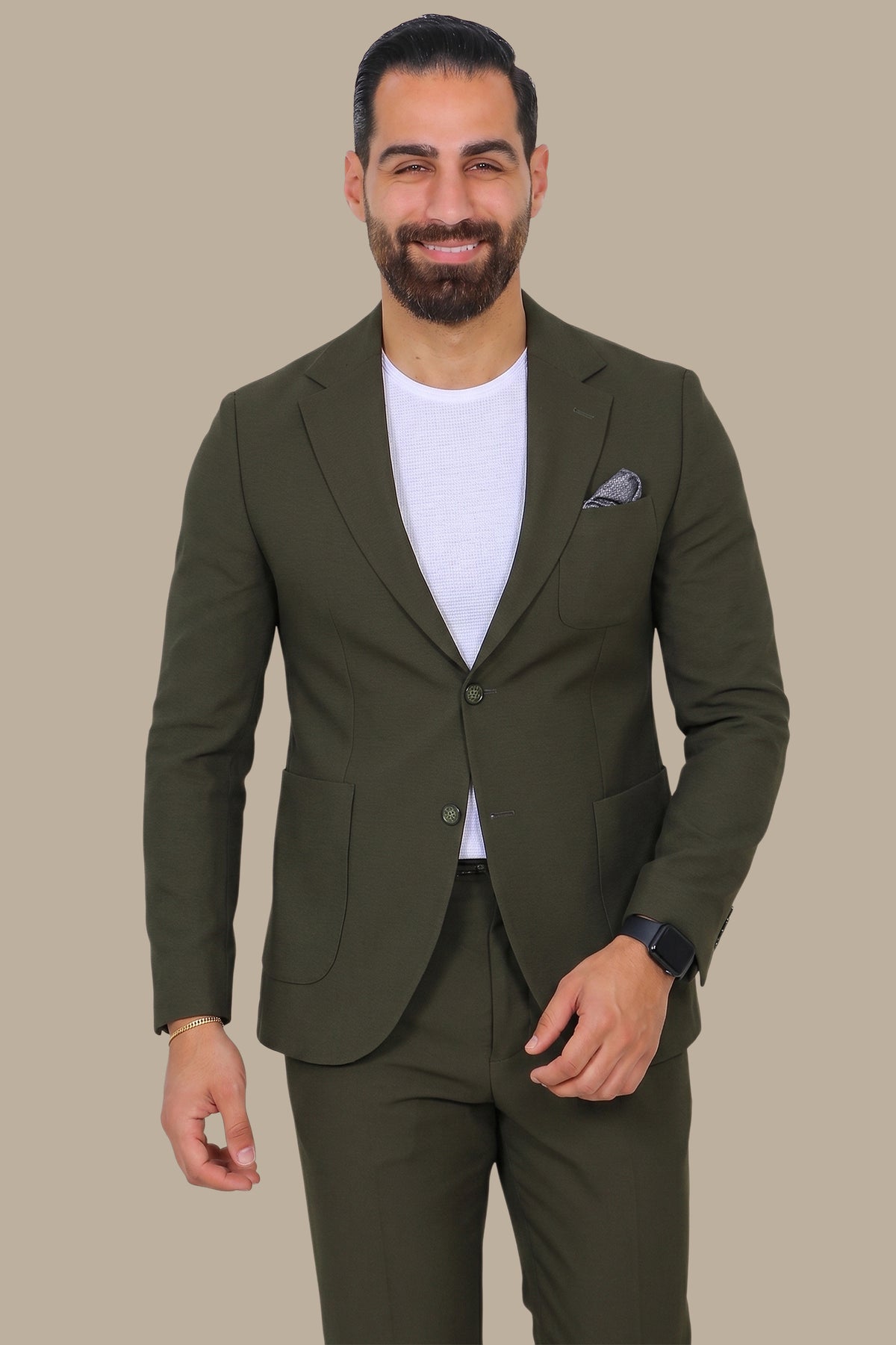 Olive Notch Lapel Travel Suit – 2-Piece