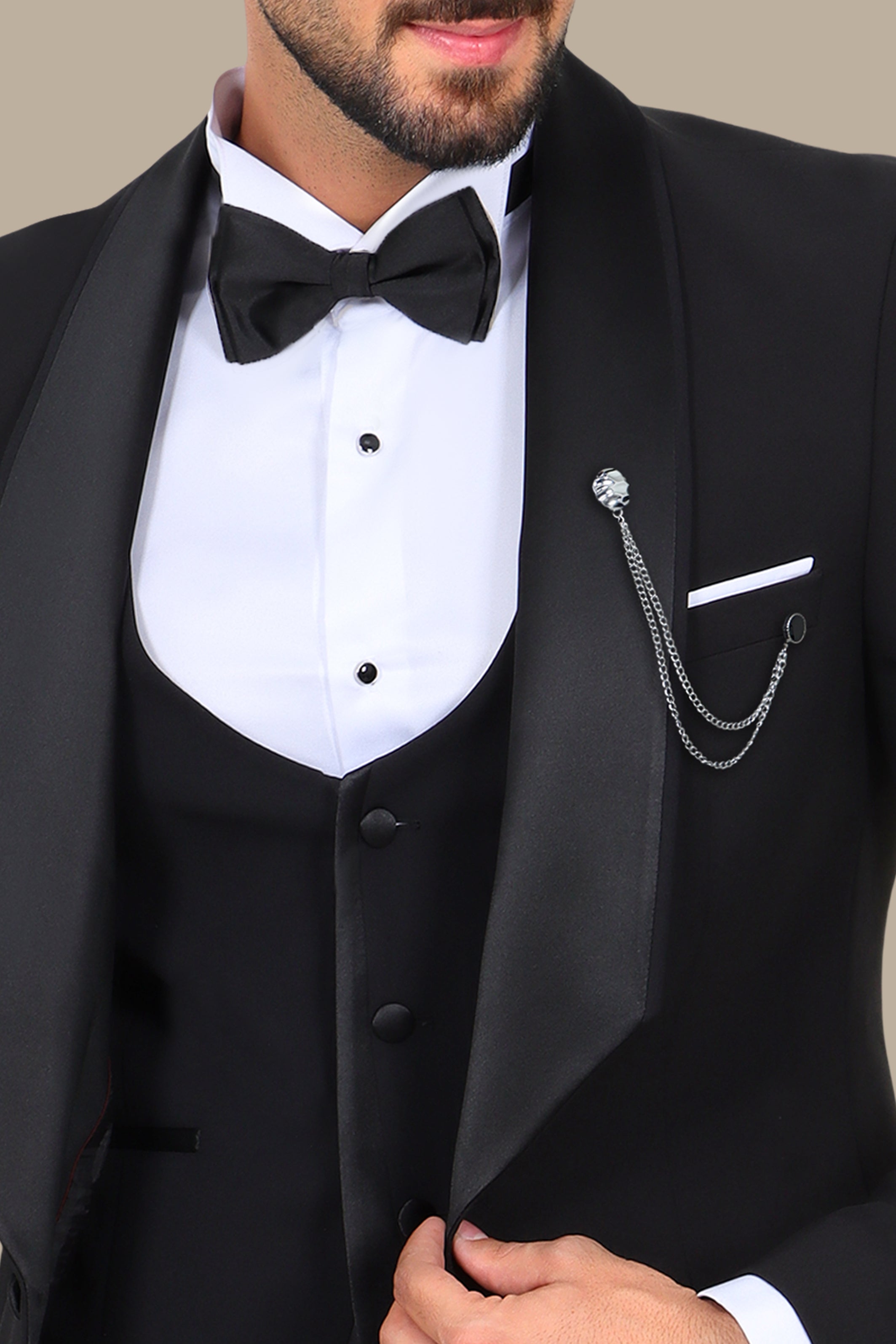 Black 4-Piece Low-Cut Tuxedo with Side Brim Shawl Collar
