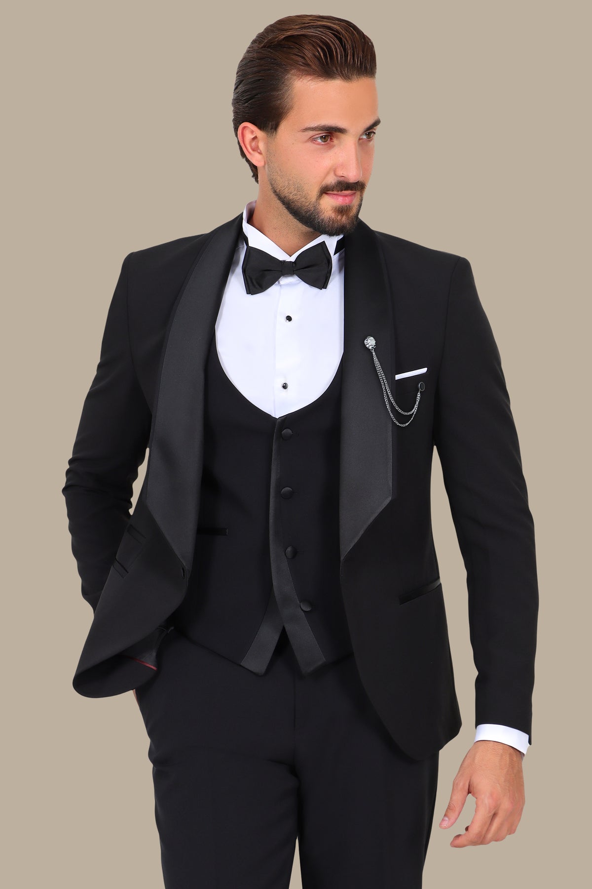 Black 4-Piece Low-Cut Tuxedo with Side Brim Shawl Collar
