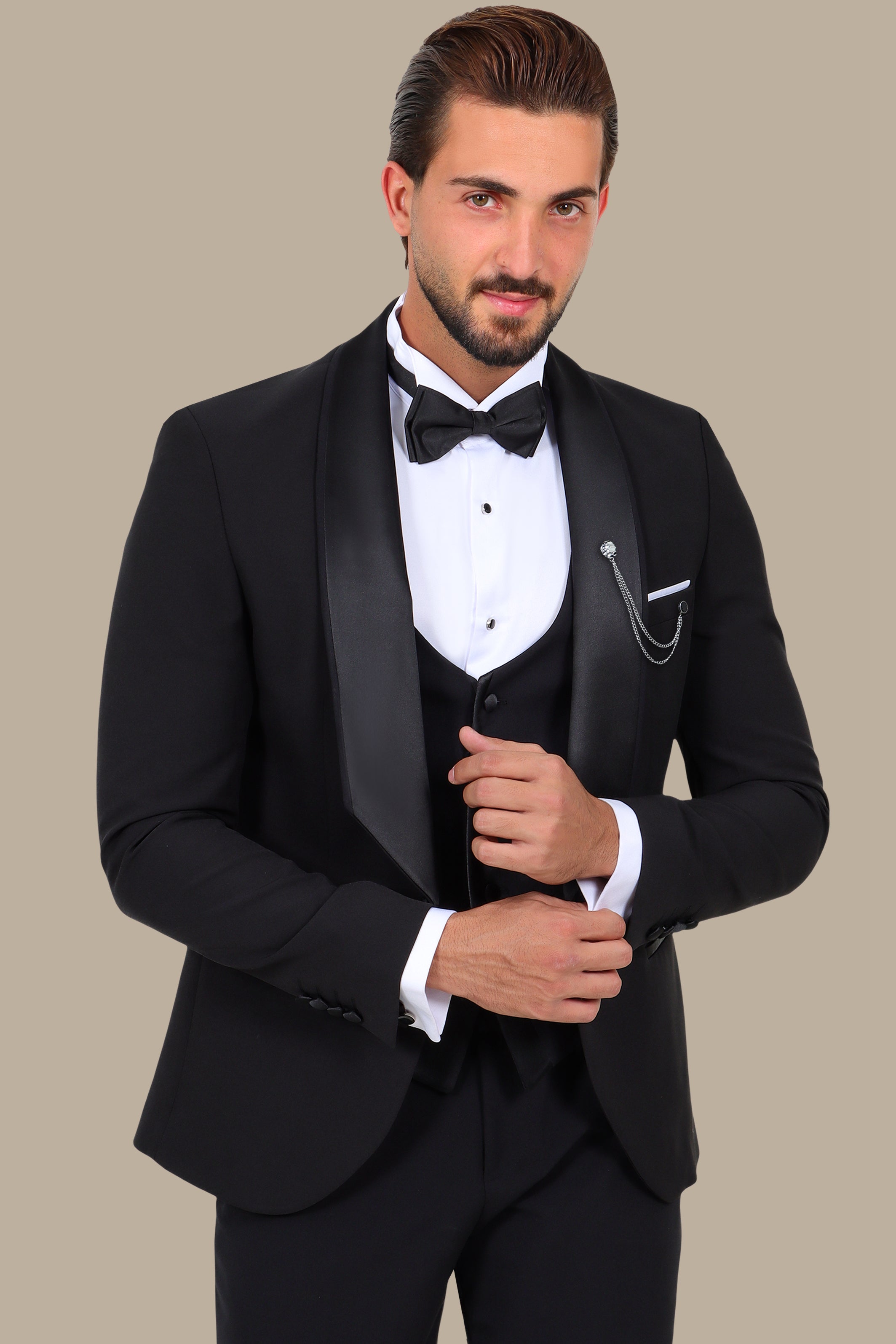 Black 4-Piece Low-Cut Tuxedo with Side Brim Shawl Collar