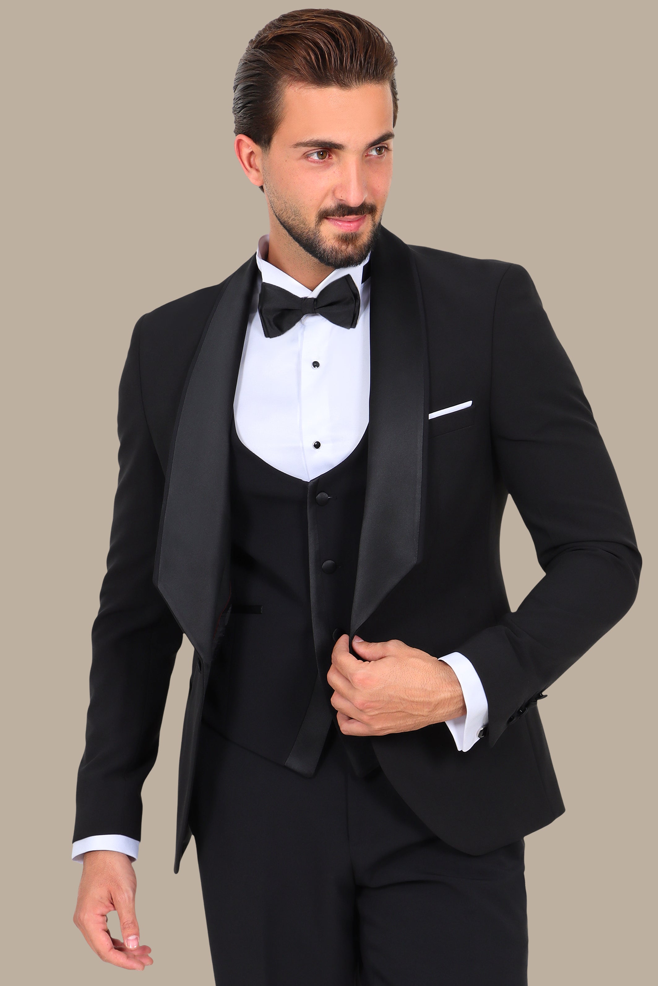 Black 4-Piece Low-Cut Tuxedo with Side Brim Shawl Collar