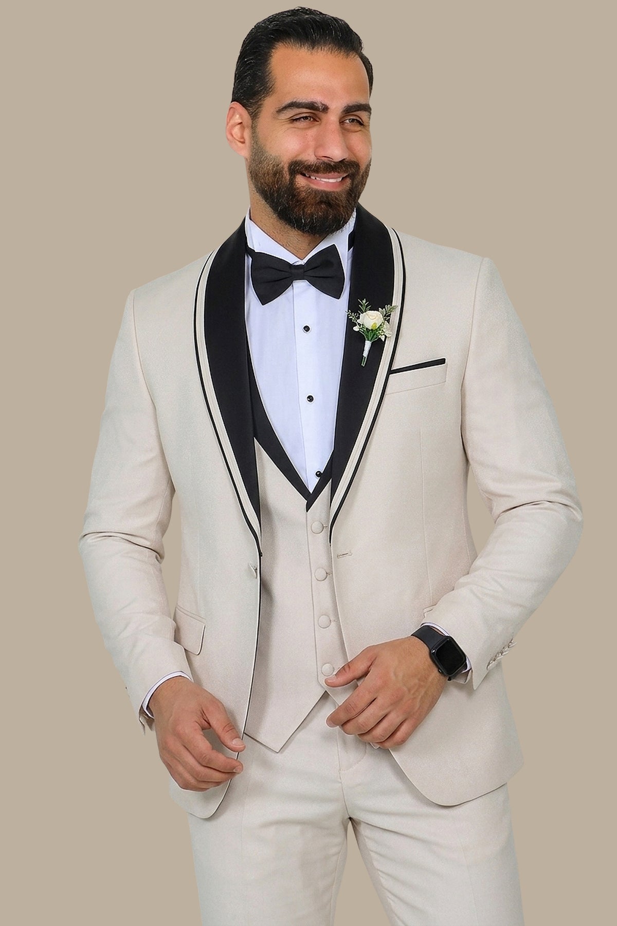 Beige 4-Piece Tuxedo with Shawl Collar and Three-Side Collar Line