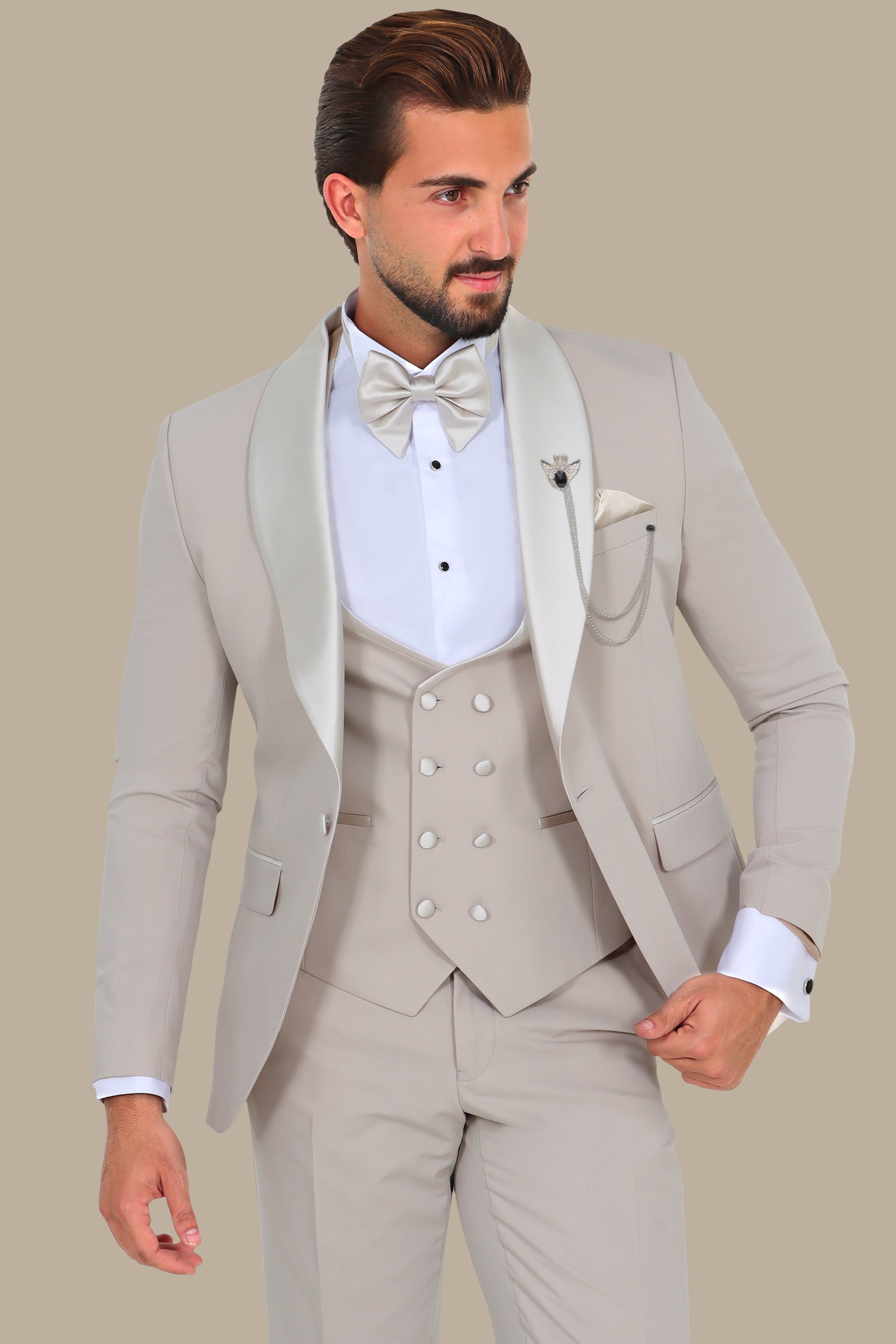 Light Beige 4-Piece Tuxedo with Shawl Collar and Classic Pocket